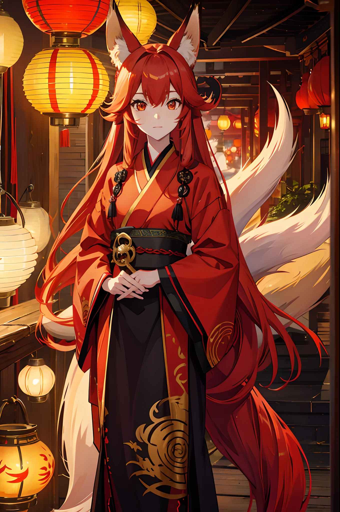 Red long-haired，Golden eyes，Fox ears，nine tail fox，fox demon，teens girl，Hanfu，period costume，lanterns
