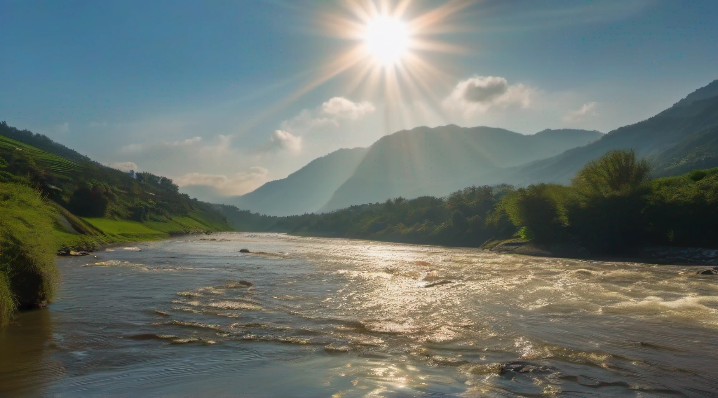 One tamang is crossing the river. There is a bright sun in the sky.