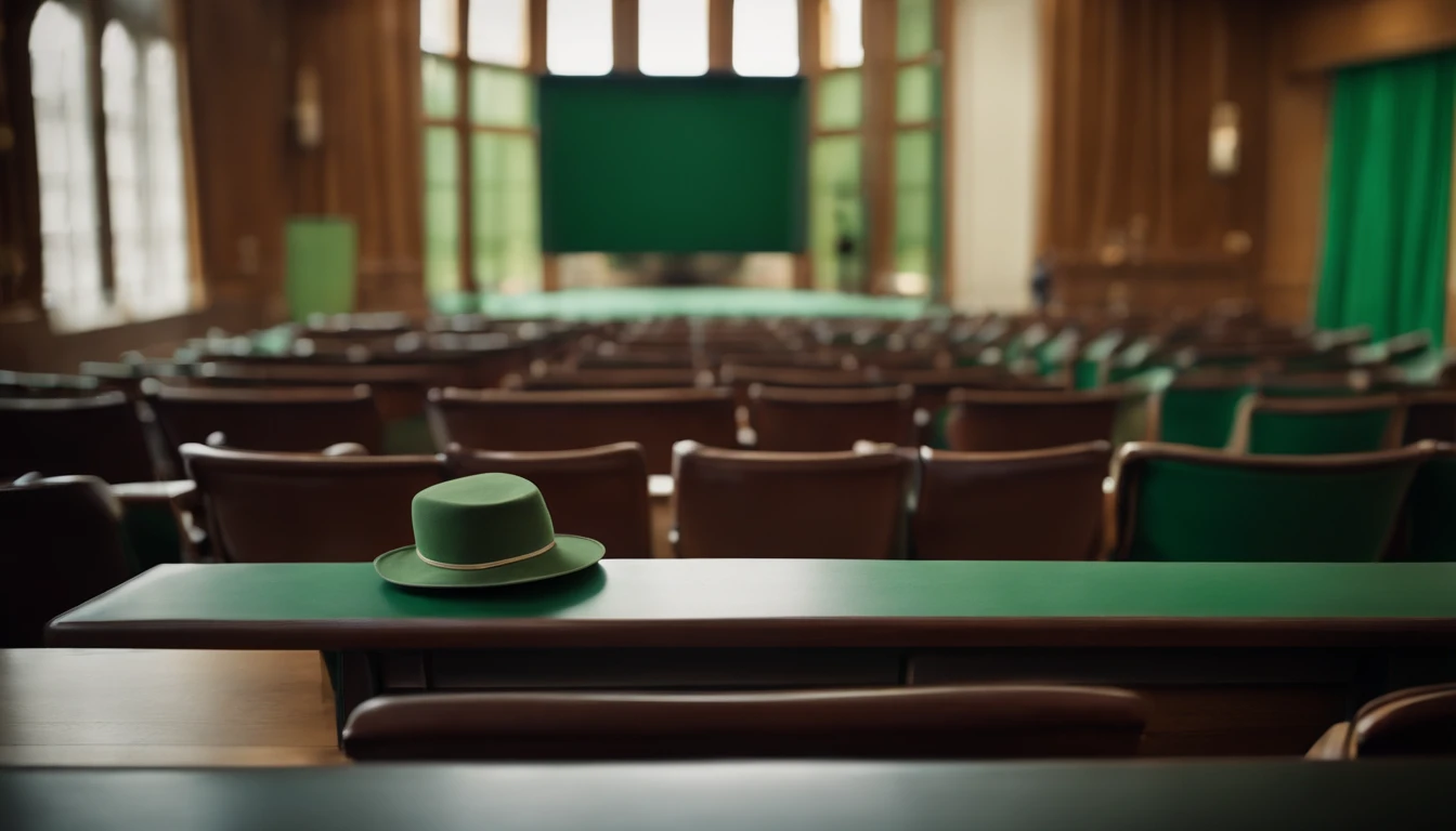 A view of the green board of an empty lecture hall on the front table of a wad of money
