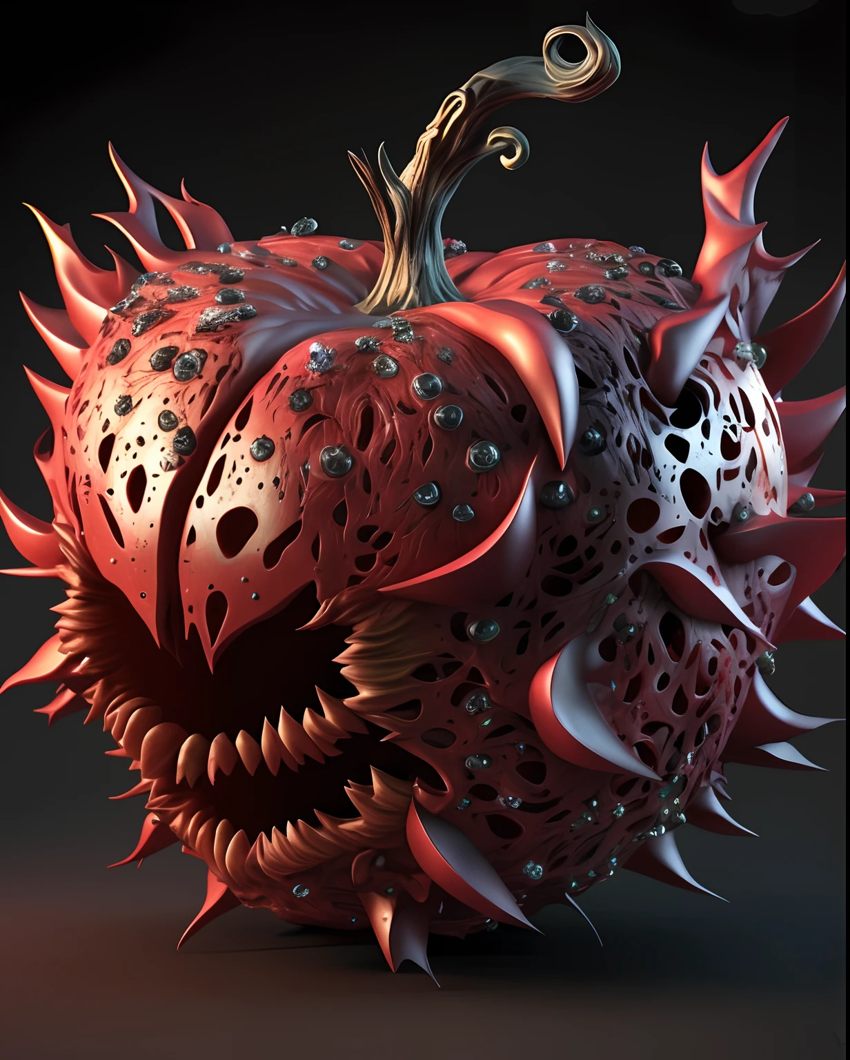 There is a strange-looking object,There are spikes on it, tomato monster, fairy fruit. rendering by octane, fat ripped satanic creature, cacodemon, arte renderizada, an alien fruit, depicted as a 3 d render, zbrush contest winner, made with zbrush, Scary digital art, zbrush art, 3d render digital art, satisfying render, nightmare render,noir atmosphere
