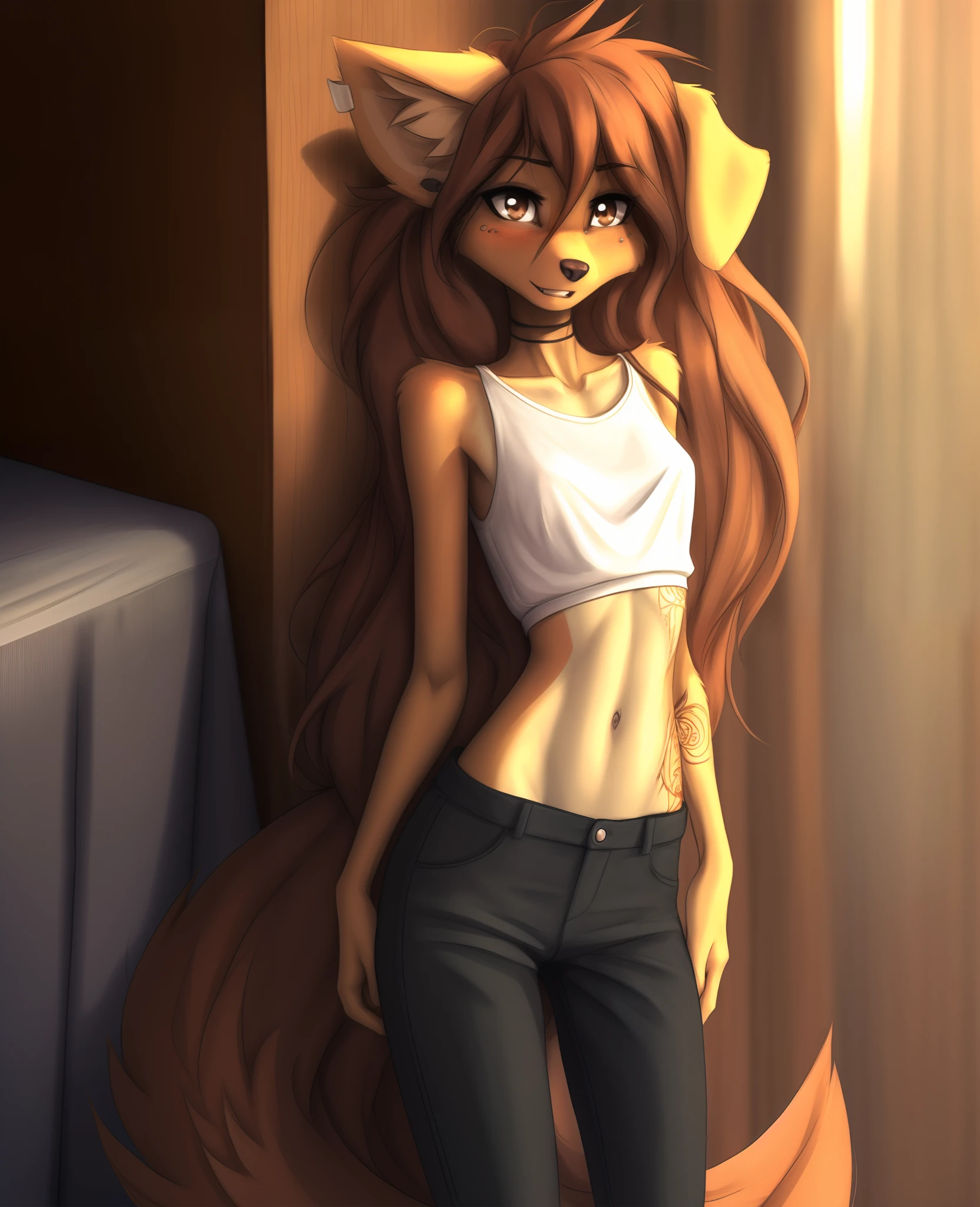 highres. detailed. masterpiece. best quality. clear image. hd. 8k image. light particles. intricate details. 1girl. solo. tattoo all over the body. furry. dog feet. fluffy tail grows from the coccyx. with fluffy ears. belle. young. toned body. graceful. ((slender. slim. skinny)). ((cute)). long hair. , embarrassed. shy. blushes. plaintive face. slightly open mouth. fang, full pop outfit, pants and shirt