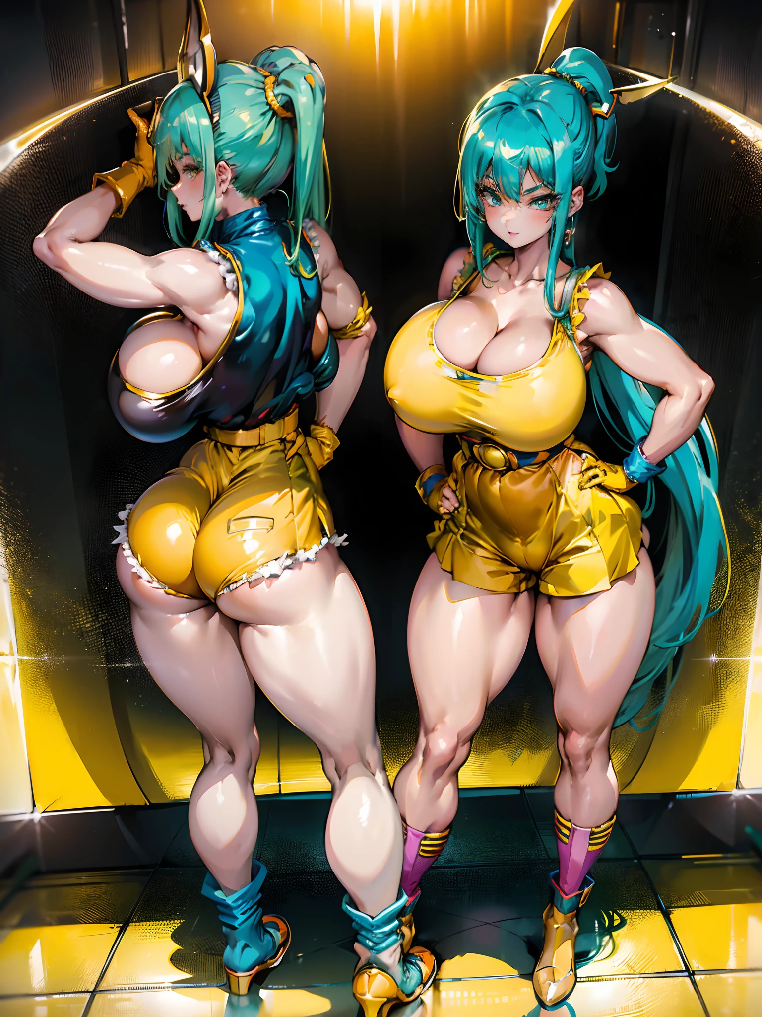(Ass), bubble butt, bouncy butt, (backview:1.2), Masterpiece, curvy, waifu,belt, earrings, yellow legwear, jewelry, yellow leotard, yellow footwear, breasts, yellow bodysuit, hand on hip, covered , yellow dress, rating:explicit, uncensored, thighhighs, yellow shorts, looking at viewer, bulma, ponytail, wristband, yellow gloves, collarbone, long hair, yellow pants, blue eyes, yellow shirt, shiny clothes, 2girls, aqua hair, cleavage, brown belt, ((((Bulma)))), buckle, cameltoe, multiple girls, shiny, belt buckle, medium breasts, yellow jacket, black belt, pouch, bare shoulders, shorts, large breasts, bangs, skin tight, blush, high ponytail, hands on hips, smile, parted lips, sleeveless, shiny hair, yellow swimsuit, covered navel, 1girl, aqua eyes, yellow vest, belt pouch, standing, blue hair, eyebrows visible through hair, boots