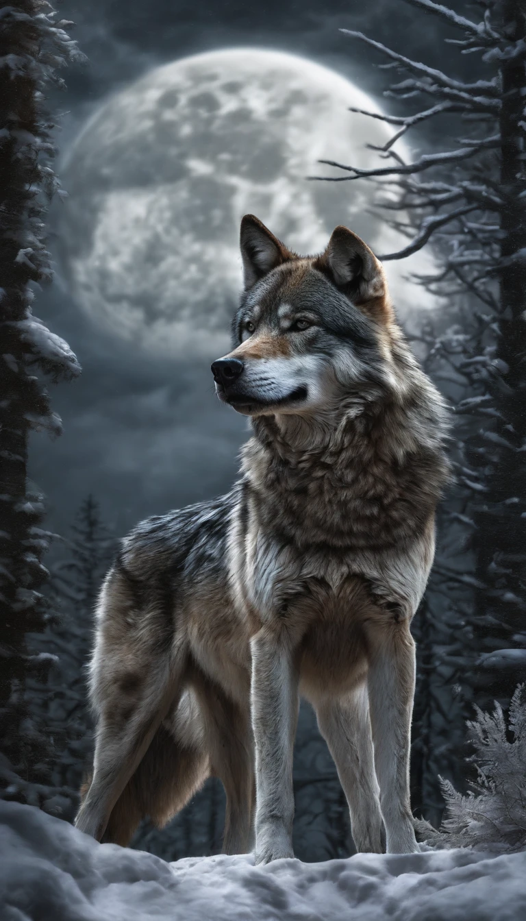 "Create a realistic image of an alpha wolf on a dark night, standing in front of the moon, howling in a forest."