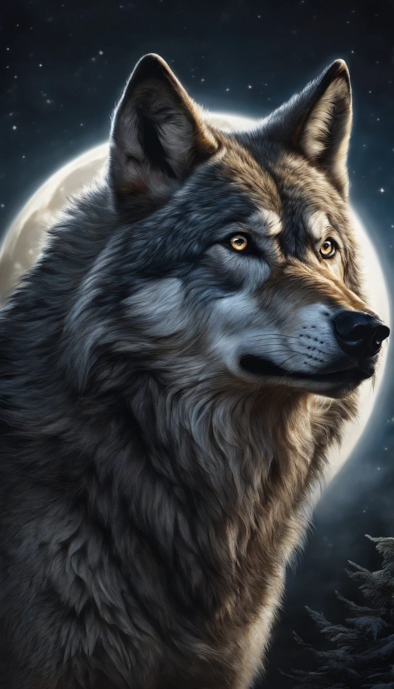 "Create a realistic image of an alpha wolf on a dark night, standing in front of the moon, howling in a forest."