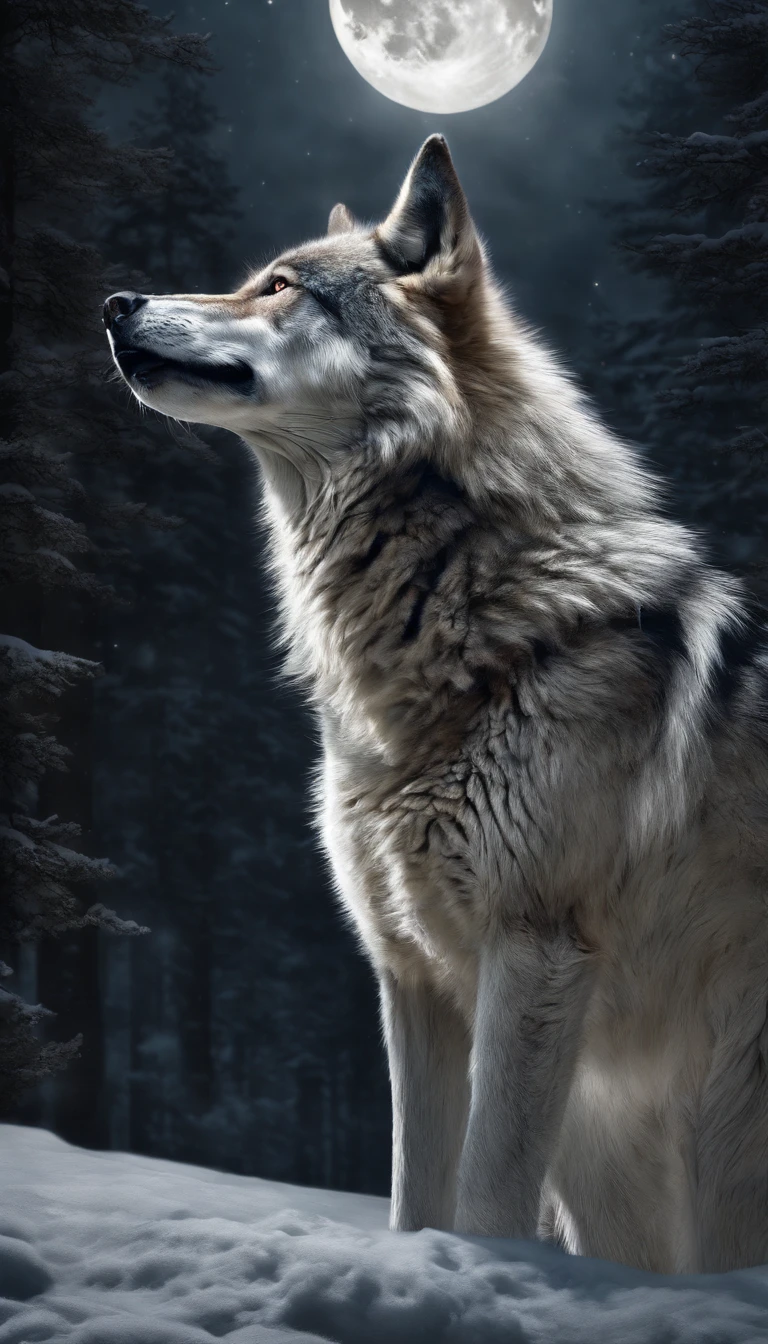 "Create a realistic image of an alpha wolf on a dark night, standing in front of the moon, howling in a forest."