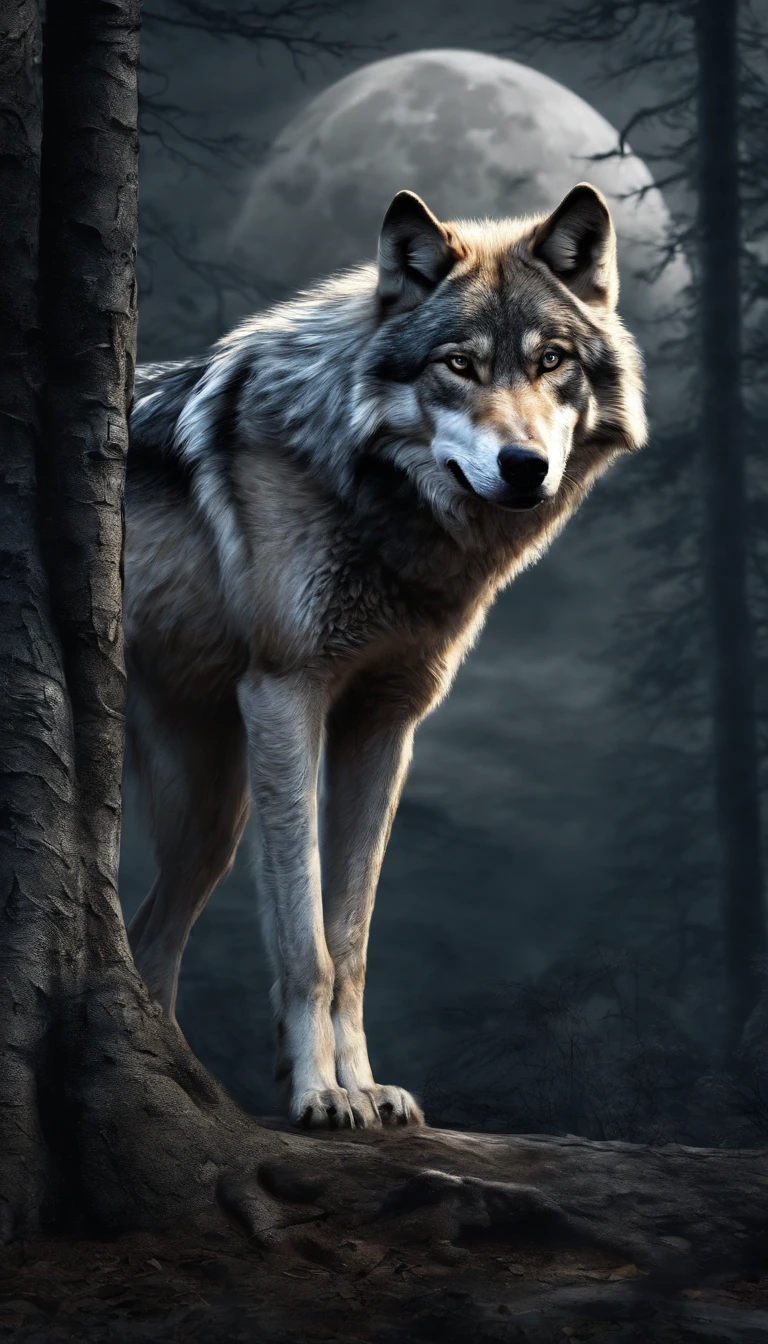 "Create a realistic image of an alpha wolf on a dark night, standing in front of the moon, howling in a forest."