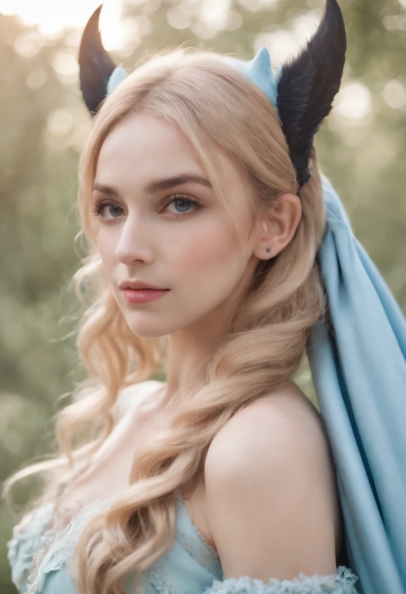 Macaron color scheme,a beautiful masterpiece photo,upper body, real picture of a girl, She is half-bat, and has long bat ears, and a fluffy neck scarf, She has bat wings on her back The colors are pastel and muted,The color palette consists mostly of yellow, blue and pink, she has blonde hair with blue streaks styled in buns