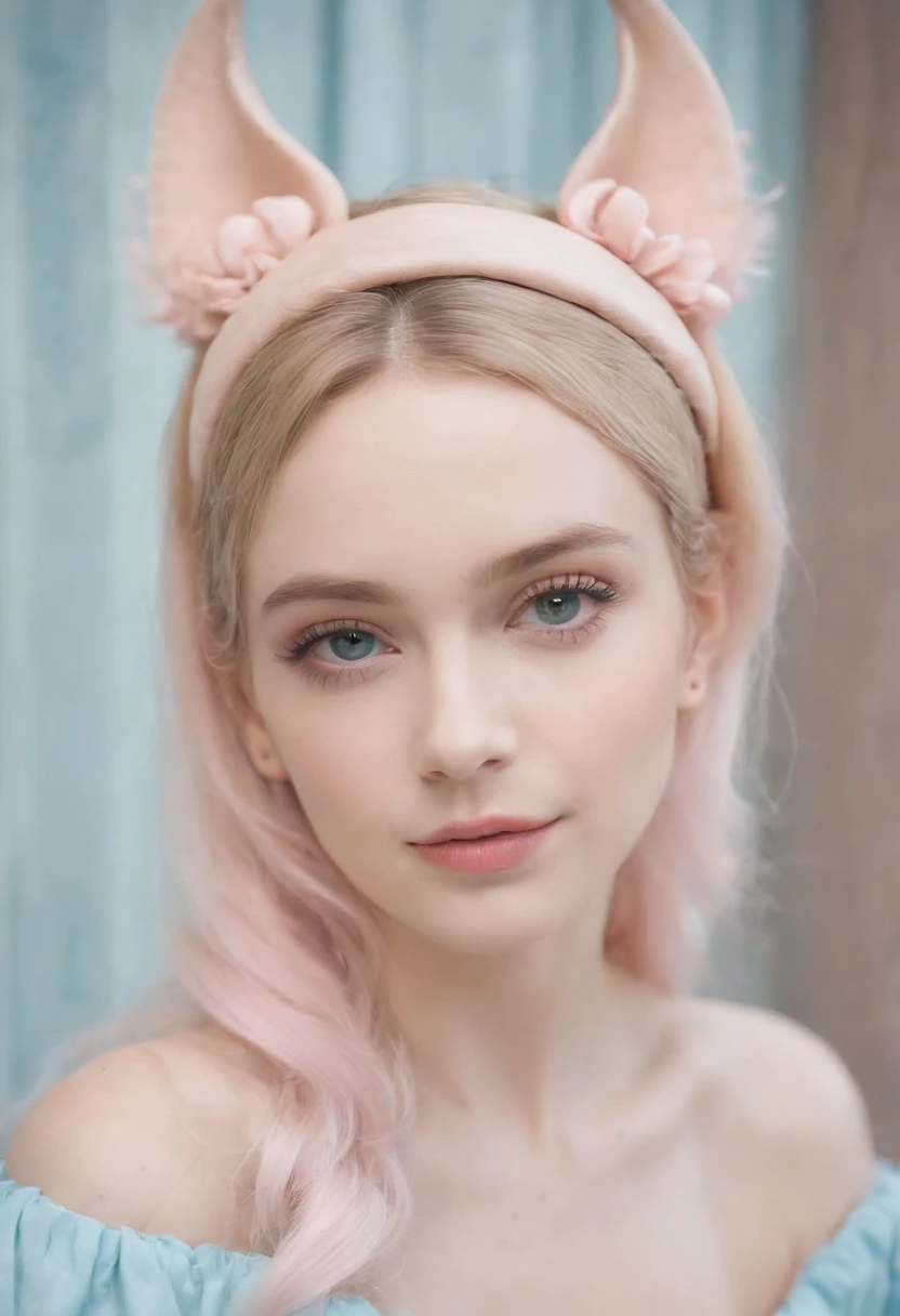 Macaron color scheme,a beautiful masterpiece photo,upper body, real picture of a girl, She is half-bat, and has long bat ears, and a fluffy neck scarf, She has bat wings on her back The colors are pastel and muted,The color palette consists mostly of yellow, blue and pink, she has blonde hair with blue streaks styled in buns