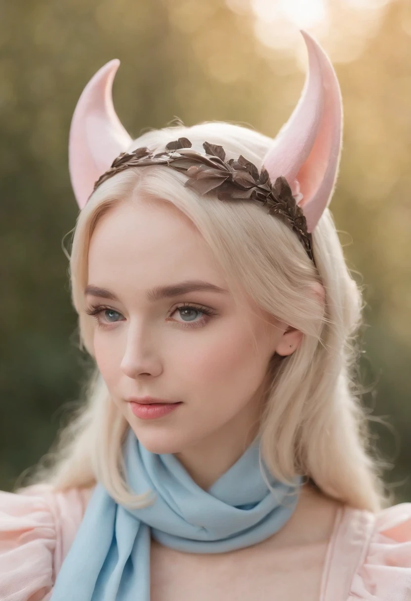Macaron color scheme,a beautiful masterpiece photo,upper body, real picture of a girl, She is half-bat, and has long bat ears, and a fluffy neck scarf, She has bat wings on her back The colors are pastel and muted,The color palette consists mostly of yellow, blue and pink, she has blonde hair with blue streaks styled in buns