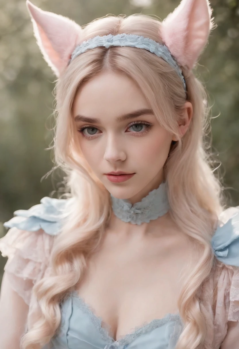 Macaron color scheme,a beautiful masterpiece photo,upper body, real picture of a girl, She is half-bat, and has long bat ears, and a fluffy neck scarf, She has bat wings on her back The colors are pastel and muted,The color palette consists mostly of yellow, blue and pink, she has blonde hair with blue streaks styled in buns