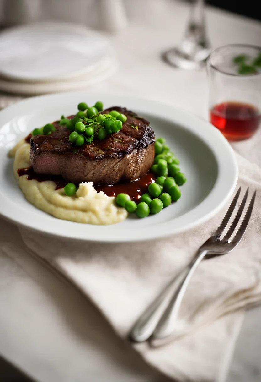 beef dish with peas and cauliflower puree