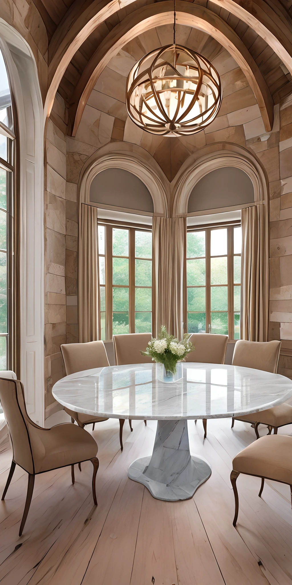 Marble table inspired net arches and circles inside a room with a high ceiling The room has a modern design using some of the rustic shapes in the room A window that lights it from the left --auto --s2