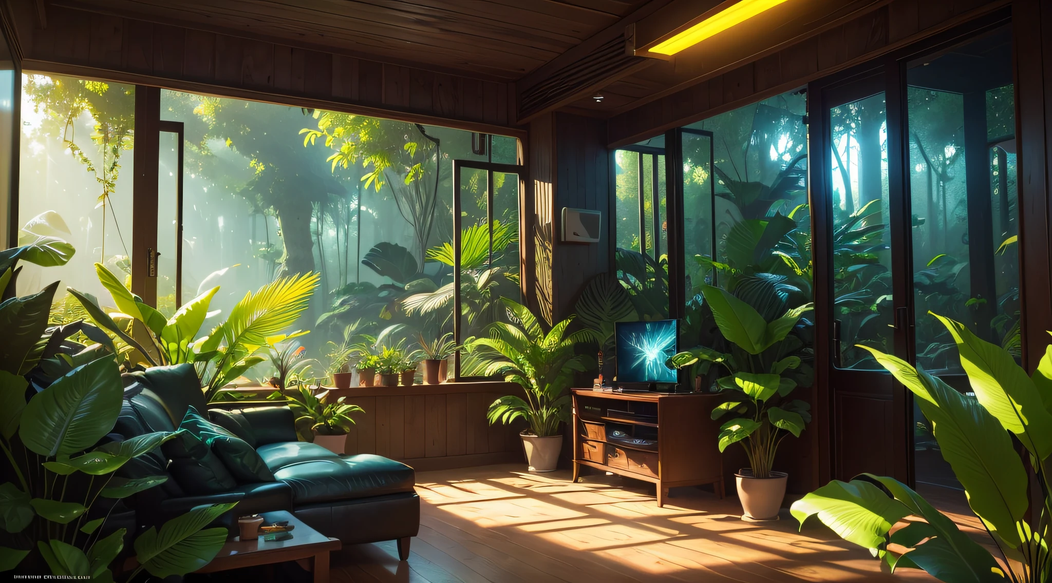 Gaming room, neon room, landscape, nature, of a dense jungle filled with exotic plants, beautiful lighting, (masterpiece, best quality, highres, UHD, depth of field, 4k, RTX, HDR), hyper realistic, 8k UHD, DSLR, high quality, Cinematic light, Amazing, ray tracing,