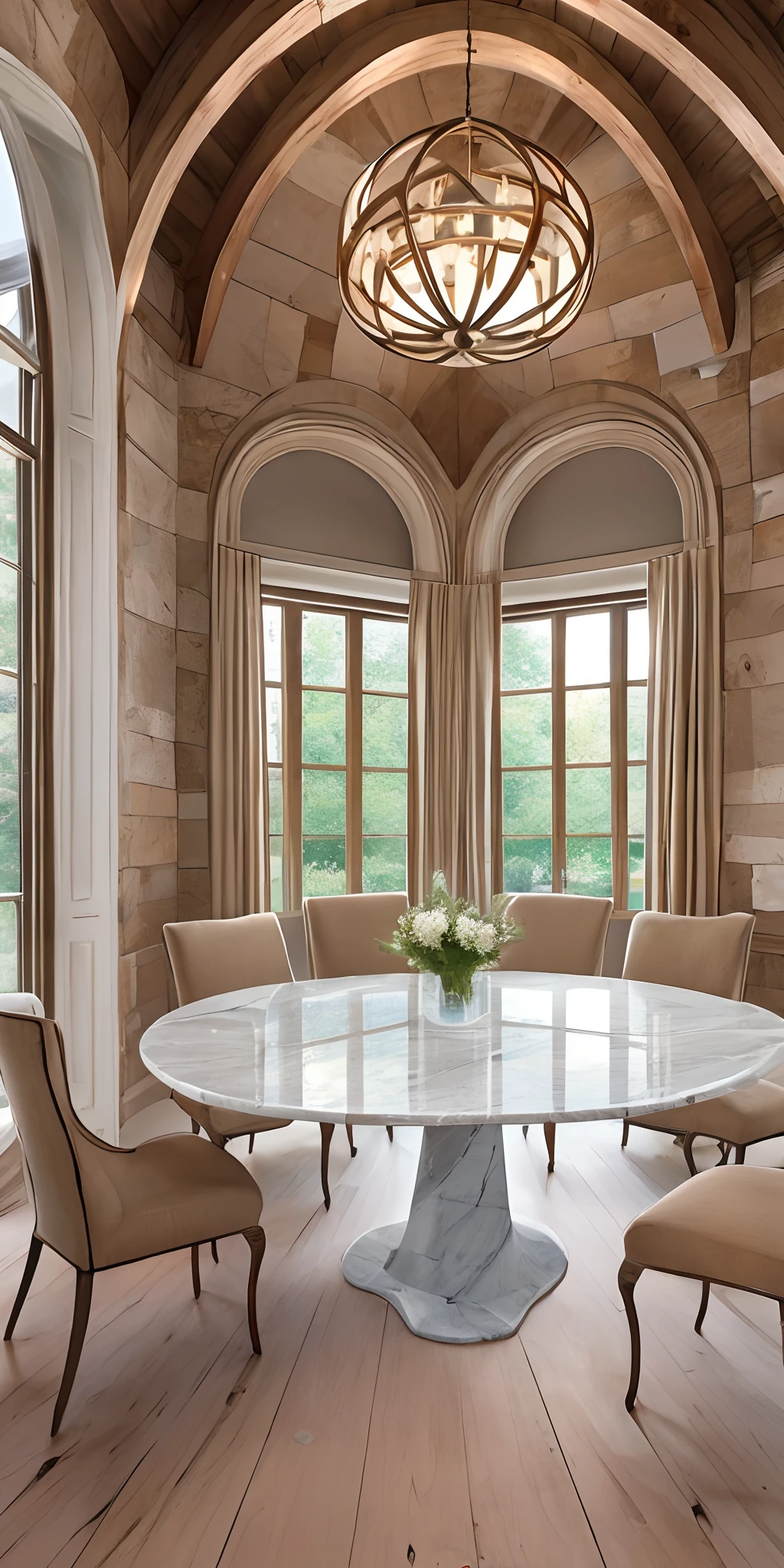 Marble table inspired net arches and circles inside a room with a high ceiling The room has a modern design using some of the rustic shapes in the room A window that lights it from the left --auto --s2