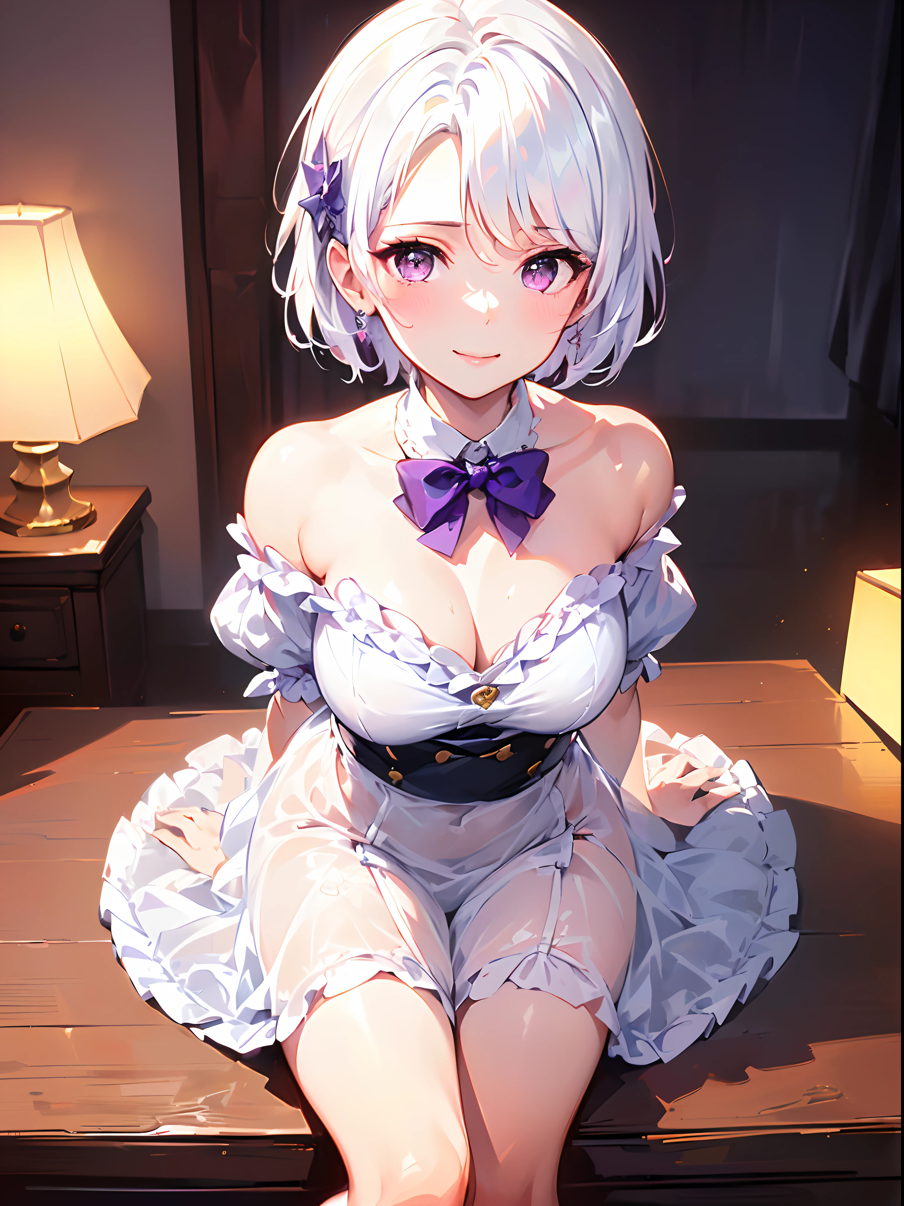 incredibly absurdres((,horizontal view angle)),focus on face,on the bed,lace glove,(knees up:1.9,from above,on back,(see through),(Dynamic Composition: 0.3), bare feet,Rich in Detail and Color,(Solo: 1.2),(Best quality),(4k), (highly grand details CG painting),(((the Greatest masterpiece,))),(reality:0.4) (ultra detailed),(intricately details),(Natural,cute face),(cinematic lighting),(blooming,synthetic wave),((solo,1 girl,))Long eyelashes,watery eyes,reflected eyes,eyes shadow,light purple eyes,((one purple bow tie)), (white off-the-shoulder shirt: 1.4),beautiful hair,short hair, (white dress), white haired deity,[[delicate fingers and hands:0.55]::0.85],(detail fingers),((elegant and conservative cloth)),seductive smile,(top quality,official art, beautiful and aesthetic:1.2), (radiosity,automatic white balance),blushing,