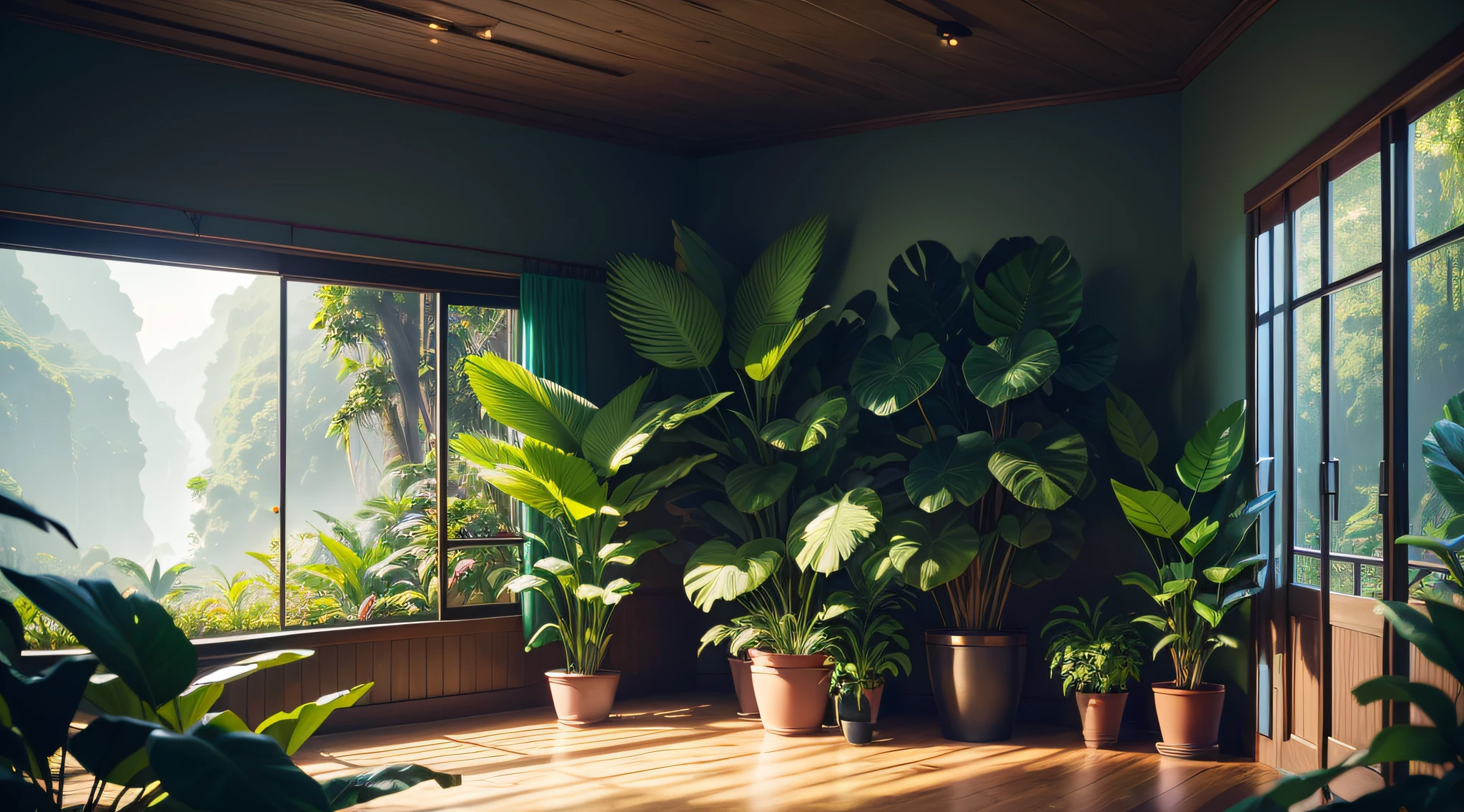 Gaming room, neon room, landscape, nature, of a dense jungle filled with exotic plants, beautiful lighting, (masterpiece, best quality, highres, UHD, depth of field, 4k, RTX, HDR), hyper realistic, 8k UHD, DSLR, high quality, Cinematic light, Amazing, ray tracing,