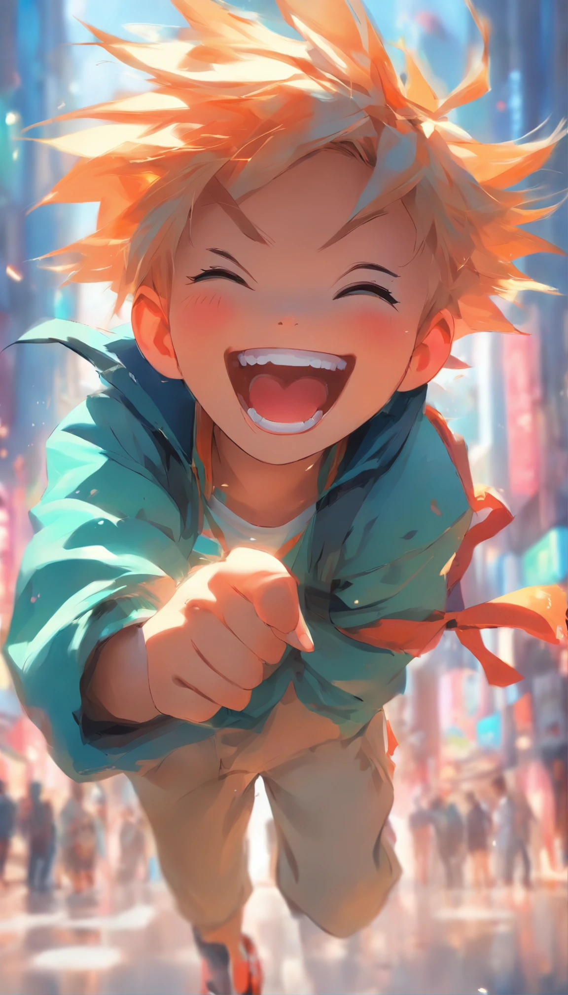there is a cartoon picture of a boy laughing in the street, expressing joy. by krenz cushart, ross tran style, artwork in the style of guweiz, ross tran!!!, adorable digital painting, guweiz, inspired by Ross Tran, by Yanjun Cheng, [[[[grinning evily]]]]
