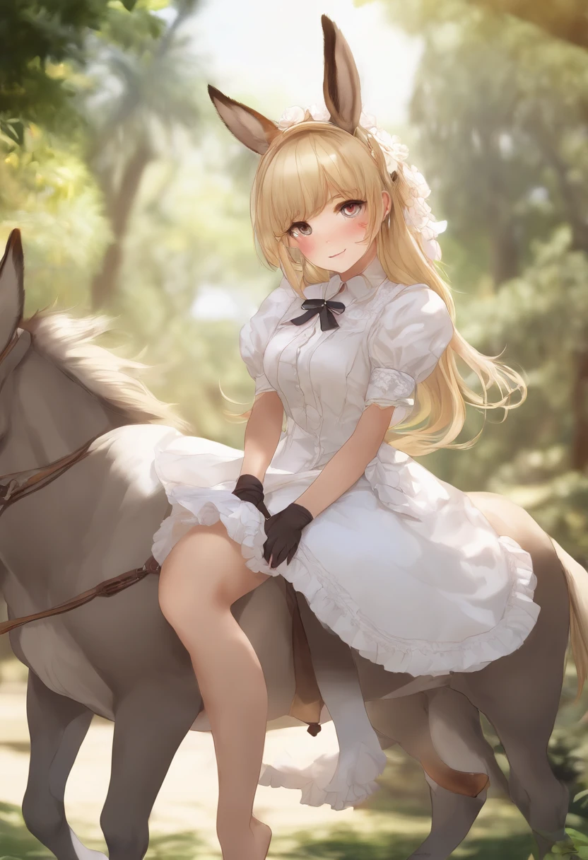 donkey centaur, blonde, femboy, maid dress, medium hair, otokonoko, four legs, donkey,