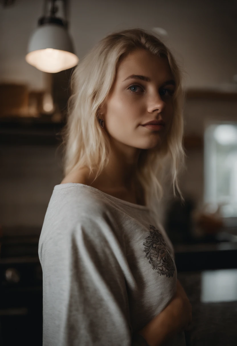 1girl, 18 years old, blond hair, from sweden, full body, close-up, looking at viewer, standing, depth of field, tattoo, kitchen,