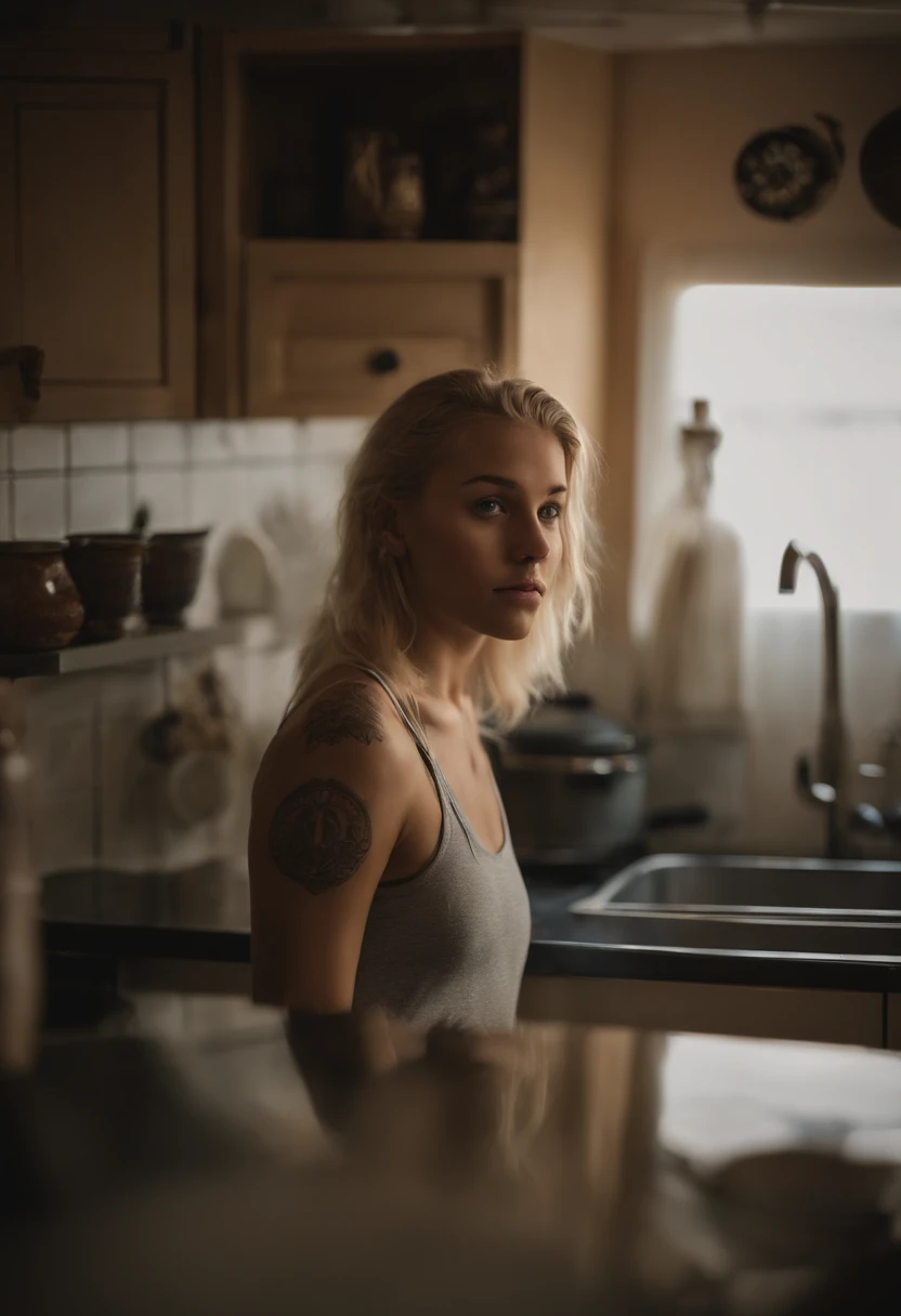 1girl, 18 years old, blond hair, from sweden, full body, close-up,  looking at viewer, standing, depth of field, tattoo, kitchen,