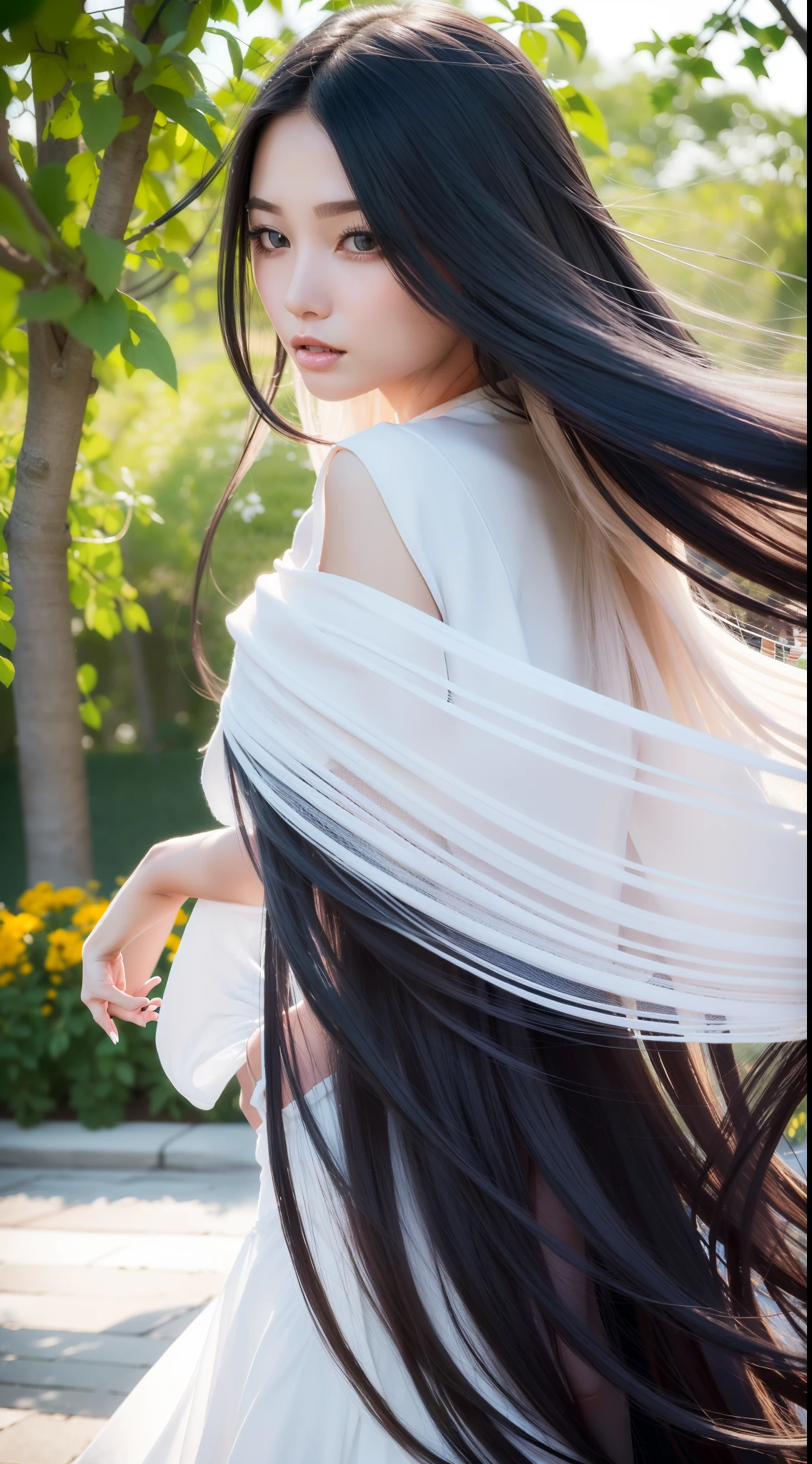 Best quality, A high resolution, Ultra-detailed, Realistic, Beautiful white to black gradient wavy long hair blowing on woman's face in a soft breeze, Long flowing hair was lifted, Vibrant flowers in the background of the park, Close-up shot,Lightweight,High kicking stance