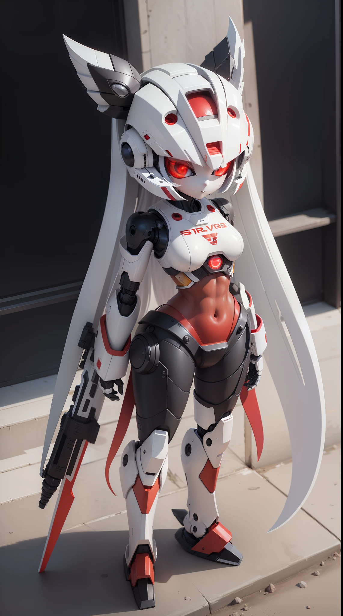(best quality, master-piece:1.2), a solitary figure, a robot, large build, dark skin, fiery red eyes, barefoot, white hair, (navel:1.2), swimsuit, white background, standing