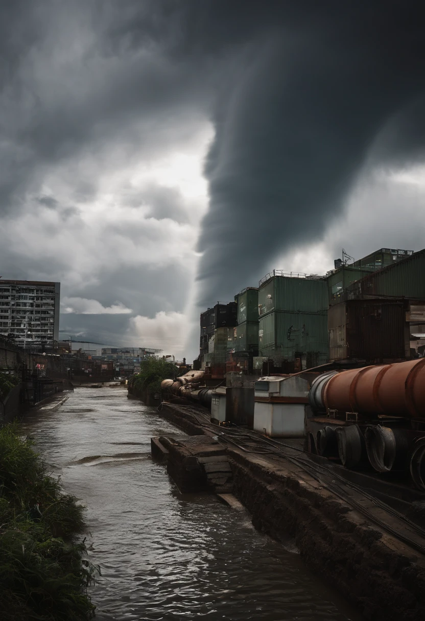 gray colors, sad, tsunami, smoke coming out of the fukushima power plant, people running away in despair, ruins and destruction, splash paint, morning light, clouds wet to wet techniques