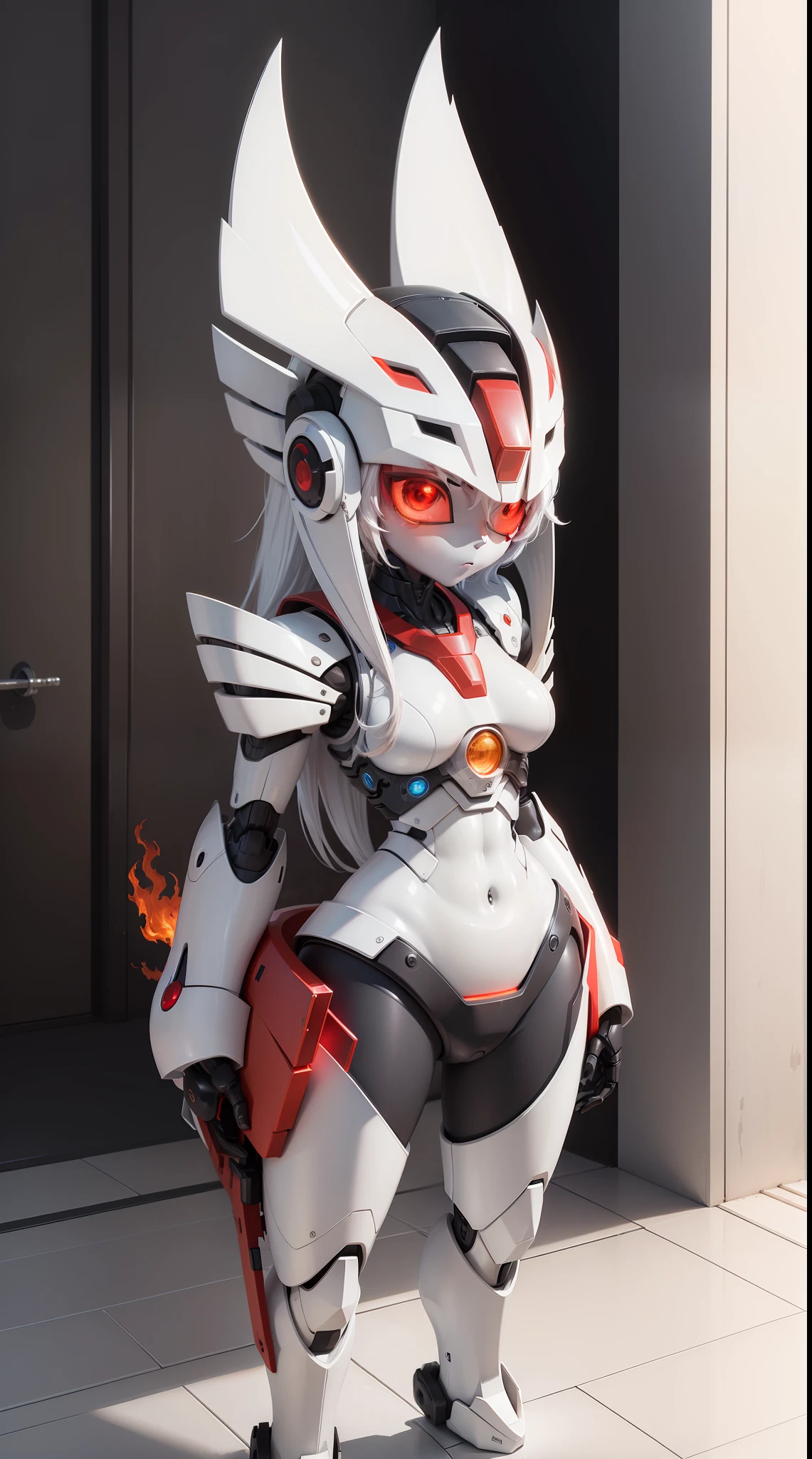 (best quality, master-piece:1.2), a solitary figure, a robot, large build, dark skin, fiery red eyes, barefoot, white hair, (navel:1.2), swimsuit, white background, standing