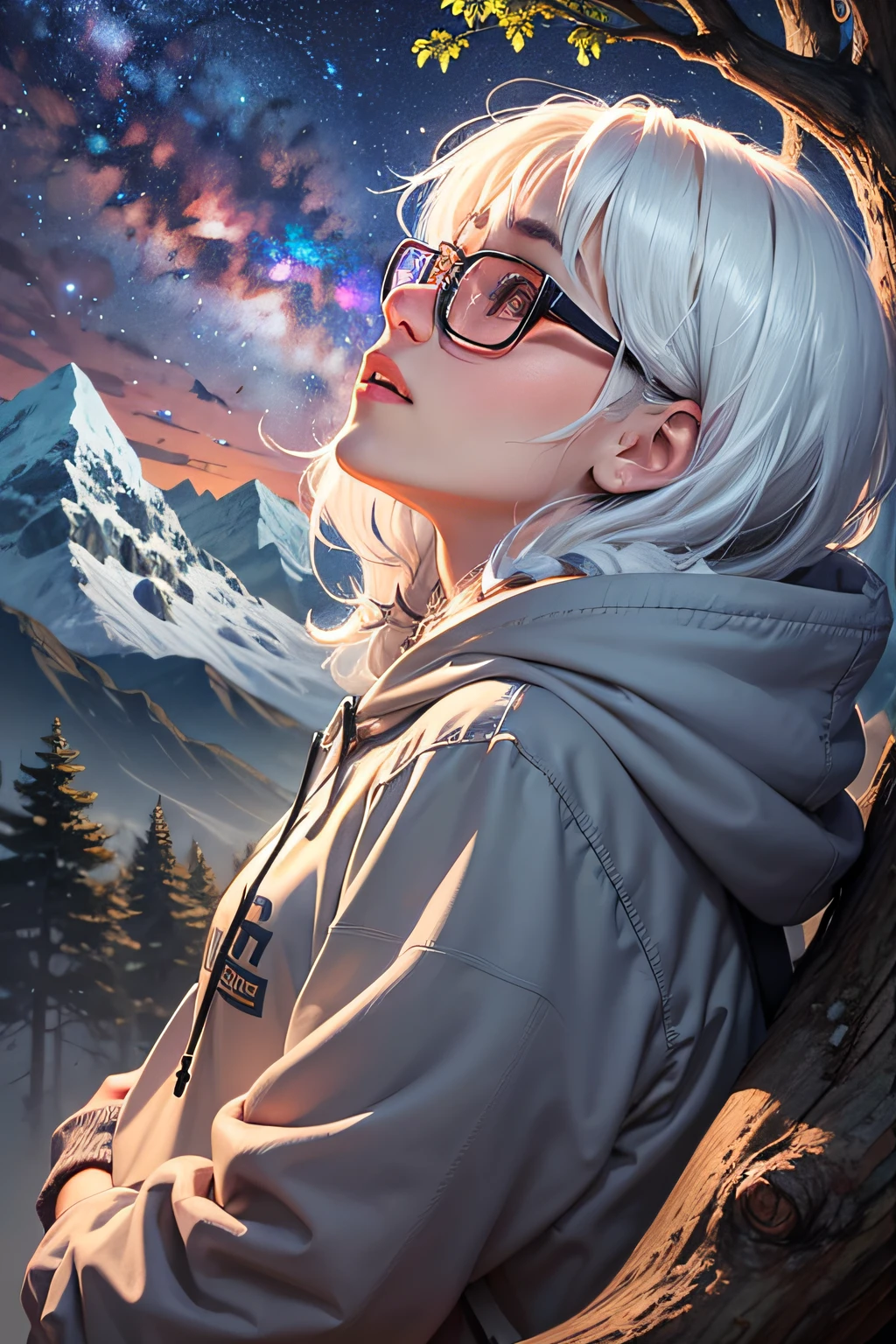 Two-dimensional: A girl with white hair in a hoodie, Glasses, Leaning against a tree on the hillside, look up at the stars,Below the mountain is the player light