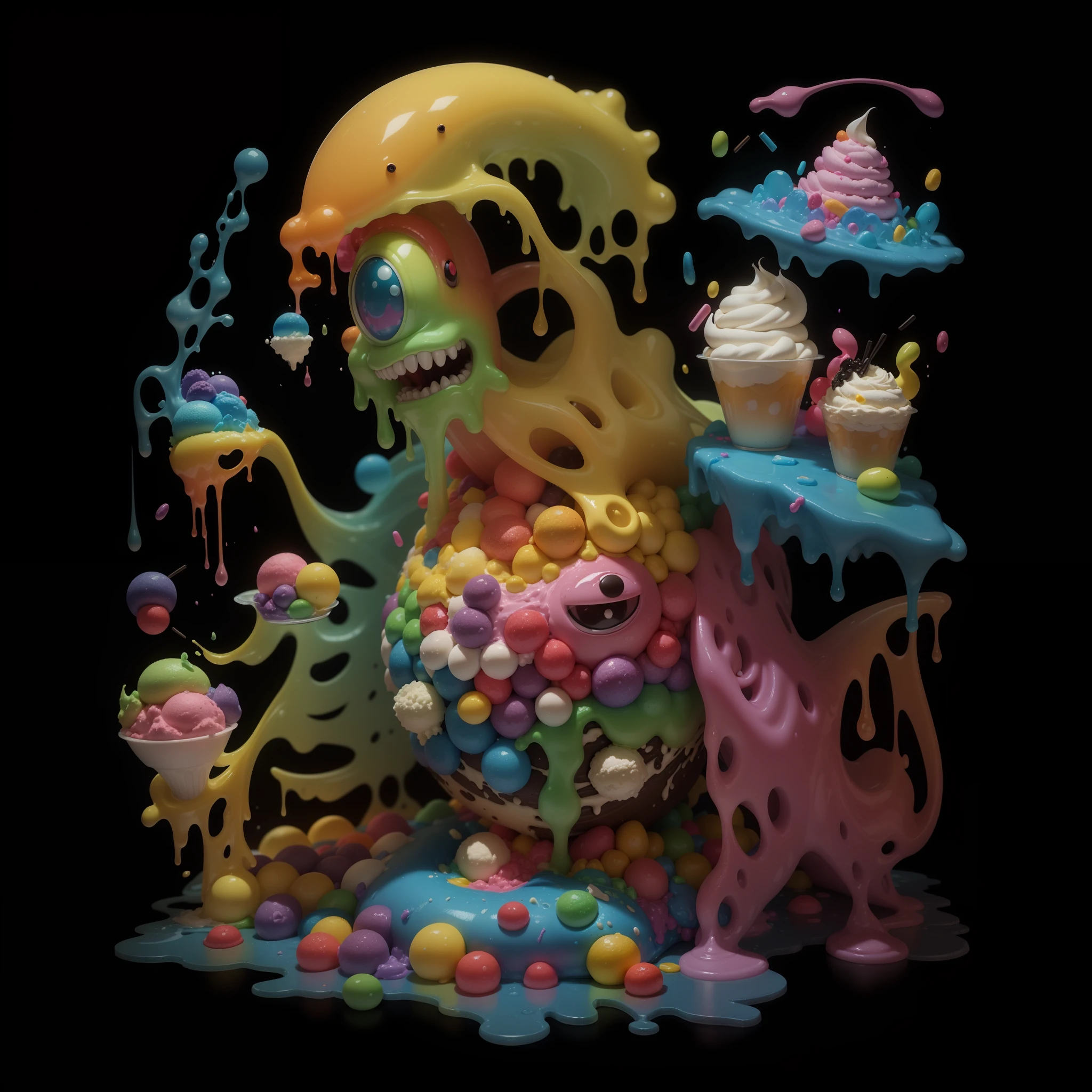 Stephen Gibb Art of a Multicolored Gelatin Monster, made of Ice cream, Gum drops, candy, sprinkles