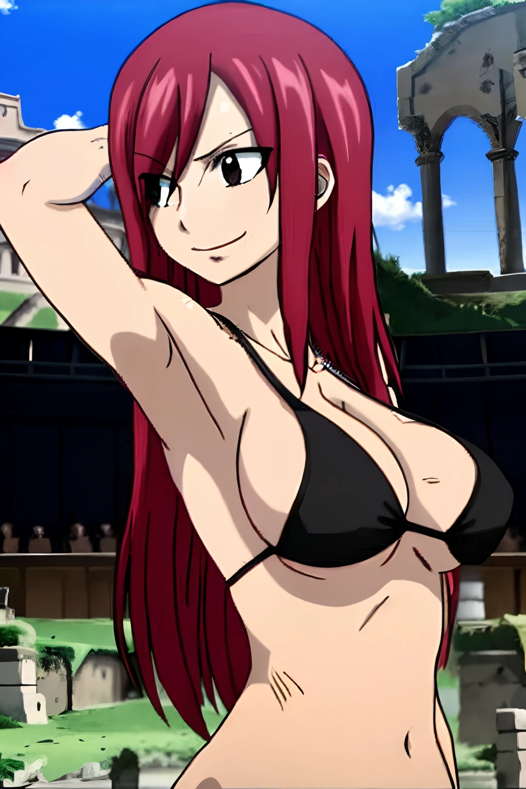 Scarlet erza, (tiny black bikini only), location: wresting colosseum with crowd watching, adult woman, big breasts, lying down, cowboy shot, best quality, ((right shoulder)), slightly strong arms, looking at viewer, important: shoulder tattoo only), big smile, (broad shoulders), perfect body, no injuries, knocked down, clean body, from left side, win pose, ((opens her arms wide, stretching))