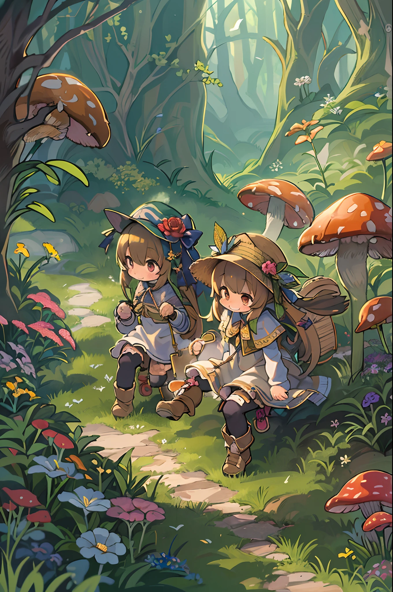 eyesight, (Three Lolitas: 2) Stable diffusion is the best image quality, morning sunlight, Spring landscape, Dew and flowers, flying hair, Live in a fairytale dreamland with mushrooms, Trip, Running, and laughing. forest pathway
