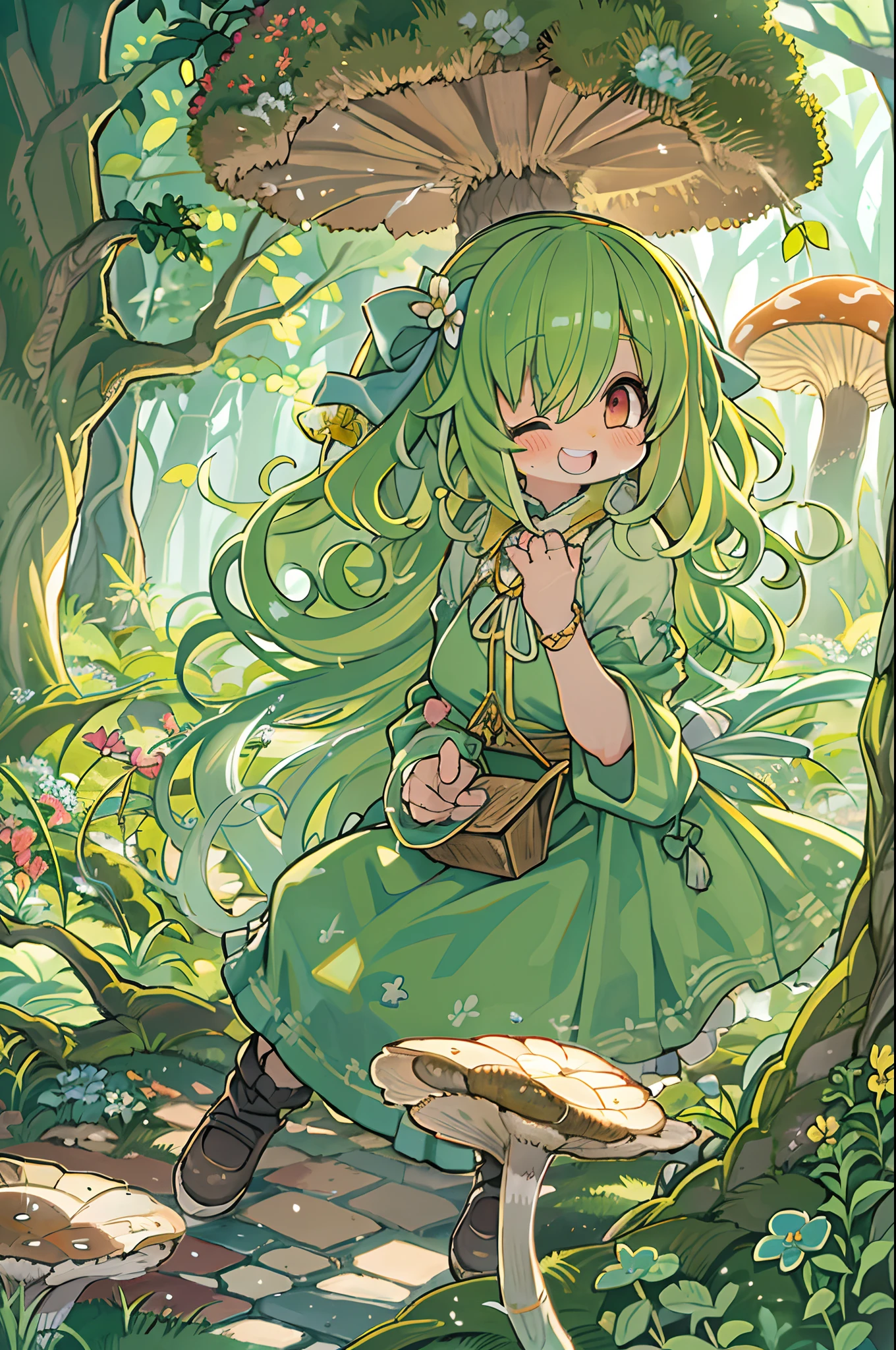 eyesight, (Three Lolitas: 2) Stable diffusion is the best image quality, morning sunlight, Spring landscape, Dew and flowers, flying hair, Live in a fairytale dreamland with mushrooms, Trip, Running, and laughing. forest pathway