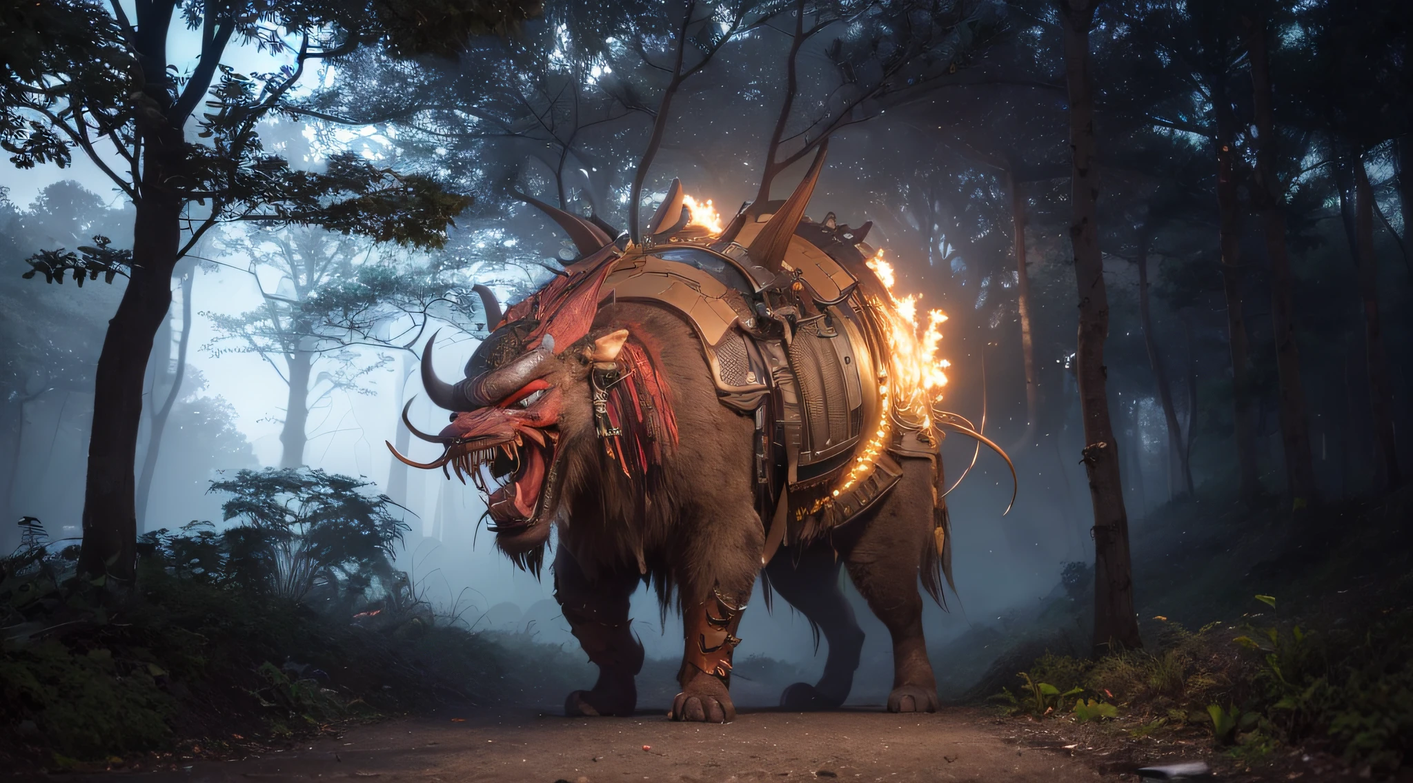 Samurai, oni evil mask, landscape, nature, of a dense jungle filled with exotic plants, sakura tree, beautiful lighting, masterpiece, best quality, highres, UHD, depth of field, 4k, RTX, HDR), hyper realistic, 8k UHD, DSLR, high quality, Cinematic light, Amazing, ray tracing, RAW photo, real, atmospheric light refracti, UHD, depth of field, 4k, RTX, HDR, hyper realistic, 8k UHD, DSLR, high quality, Cinematic light, Amazing, ray trace, realistic, photo-realistic,