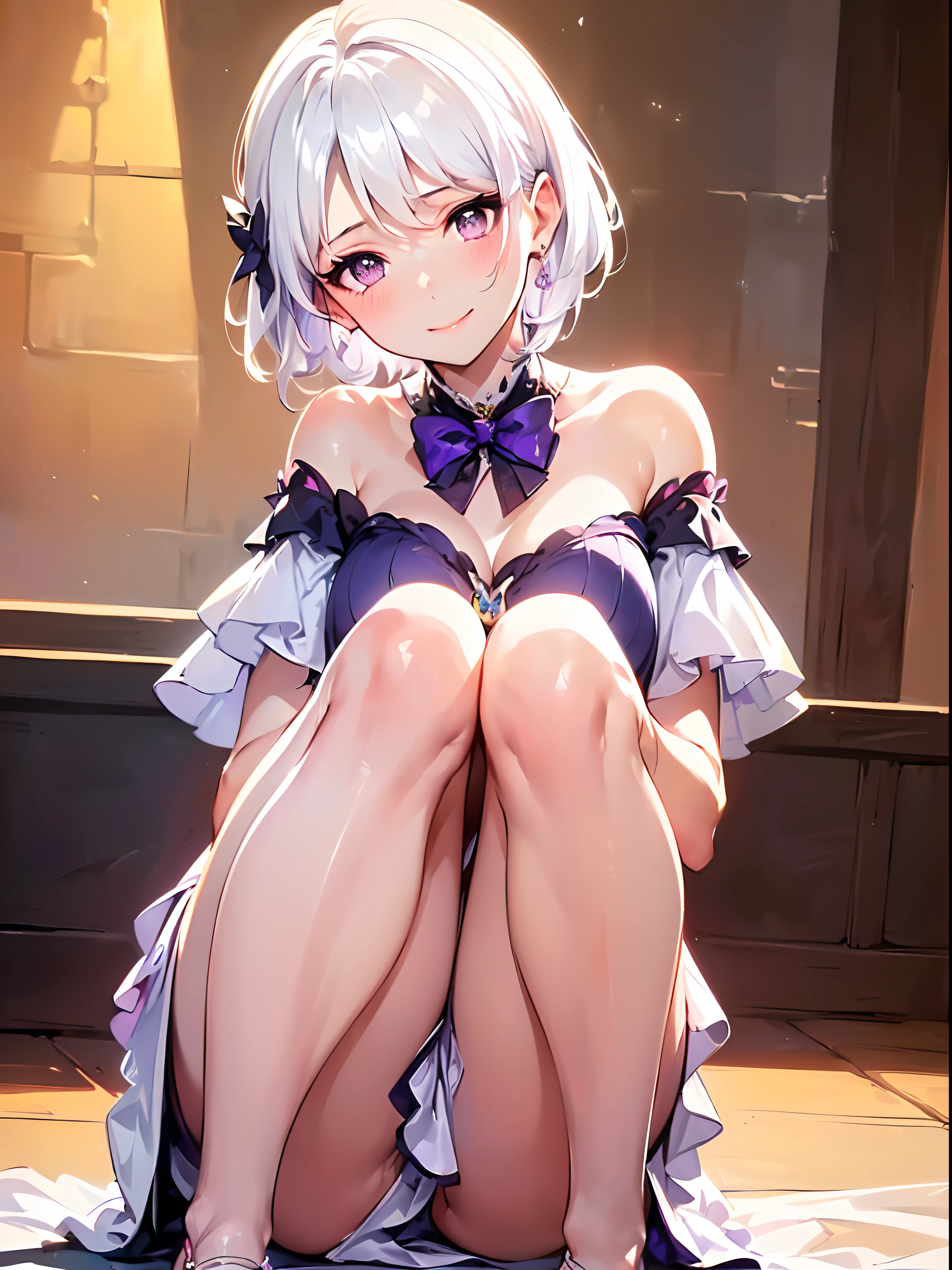 incredibly absurdres,((correct legs)),focus on face,on the bed,on side,((((knees up:1.7))),from above,on back,(see through),(Dynamic Composition: 0.3), bare feet,Rich in Detail and Color,(Solo: 1.2),(Best quality),(4k), (highly grand details CG painting),(((the Greatest masterpiece,))),(reality:0.4) (ultra detailed),(intricately details),(Natural,cute face),(cinematic lighting),(blooming,synthetic wave),((solo,1 girl,))Long eyelashes,watery eyes,reflected eyes,eyes shadow,light purple eyes,((one purple bow tie)), (white off-the-shoulder shirt: 0.2),beautiful hair,short hair, (white dress), white haired deity,[[delicate fingers and hands:0.55]::0.85],(detail fingers),((elegant and conservative cloth)),seductive smile,(top quality,official art, beautiful and aesthetic:1.2), (radiosity,automatic white balance),blushing,