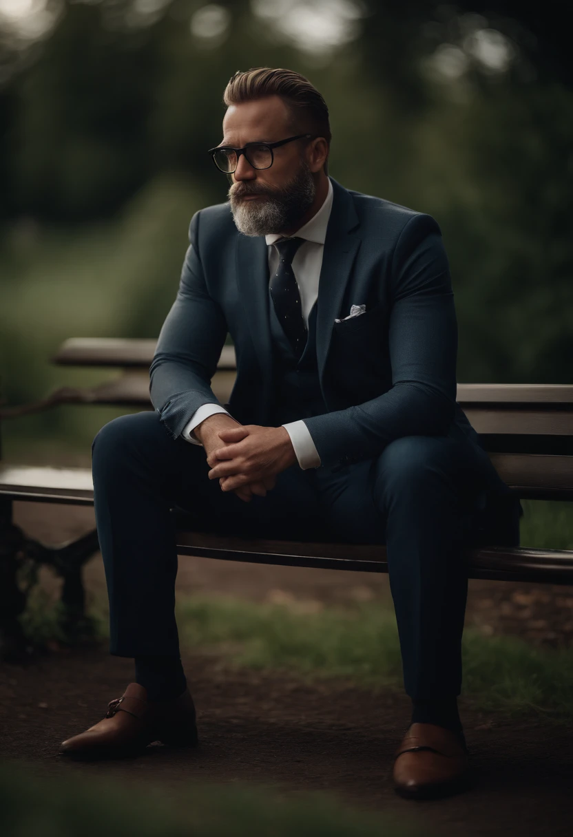 rich man, with glasses and suit, bearded, with intriguing features, full body, sitting on a bench. 8k, uhd, harsh low light, high quality, sharp focus, fujifilm xt, (cinematic: 1.4), slate gray atmosphere, hyperdetailed, soft tones, insane detail, low contrast, stormy sky, epic sky, volumetric lighting, elegant diffused lighting