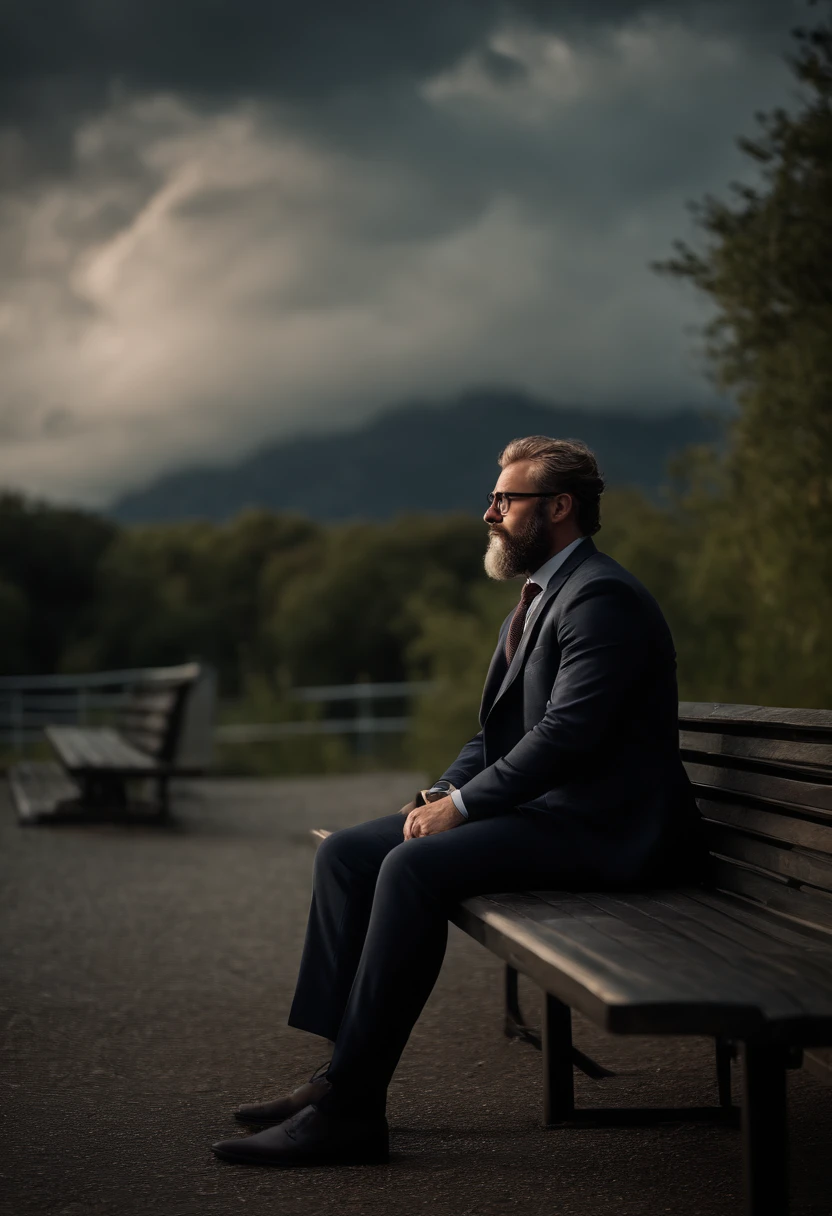 rich man, with glasses and suit, bearded, with intriguing features, full body, sitting on a bench. 8k, uhd, harsh low light, high quality, sharp focus, fujifilm xt, (cinematic: 1.4), slate gray atmosphere, hyperdetailed, soft tones, insane detail, low contrast, stormy sky, epic sky, volumetric lighting, elegant diffused lighting