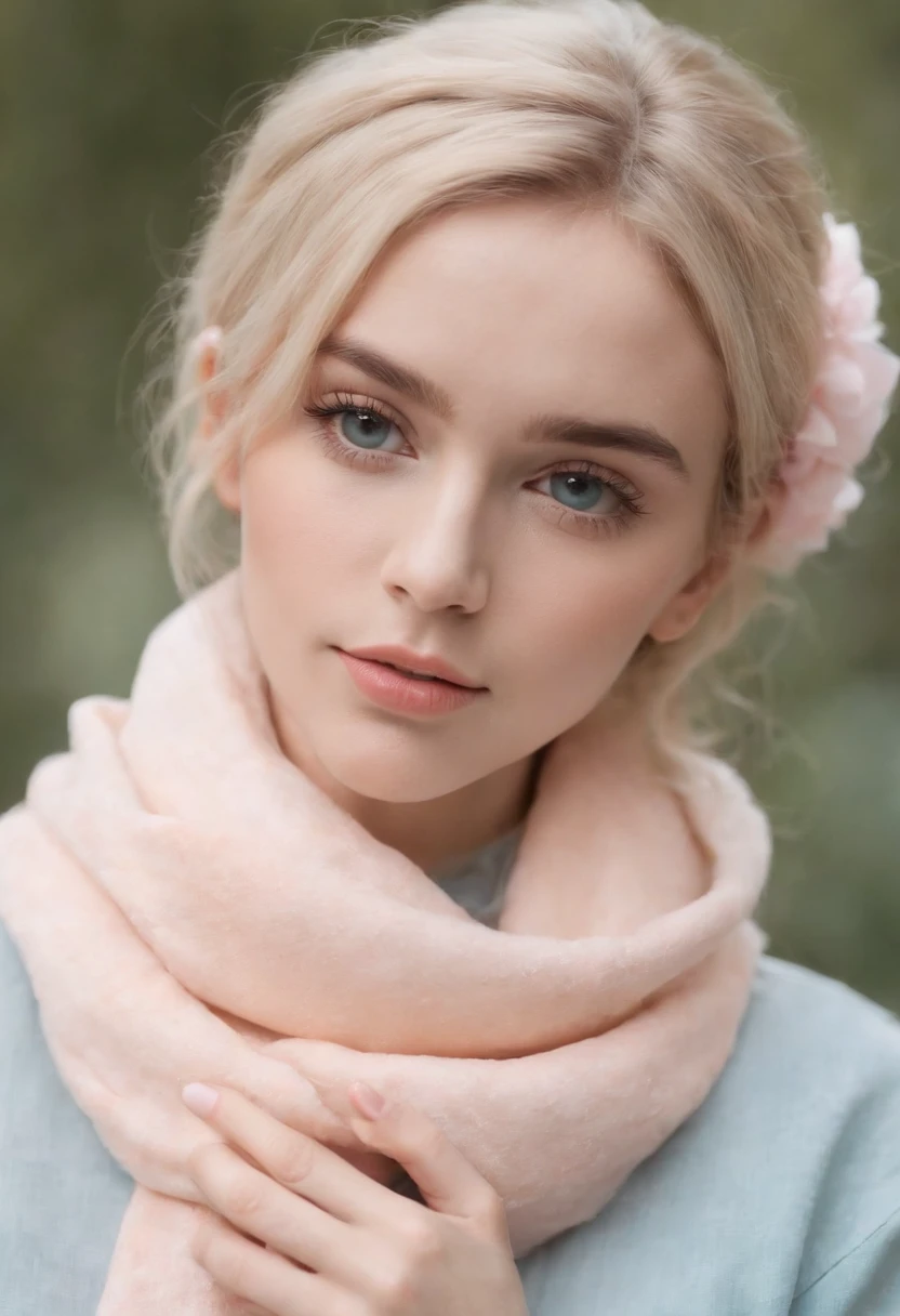 Macaron color scheme,a beautiful masterpiece photo,upper body, real picture of a girl,  and a fluffy neck scarf,  The colors are pastel and muted,The color palette consists mostly of yellow, blue and pink, she has blonde hair with blue streaks styled in buns