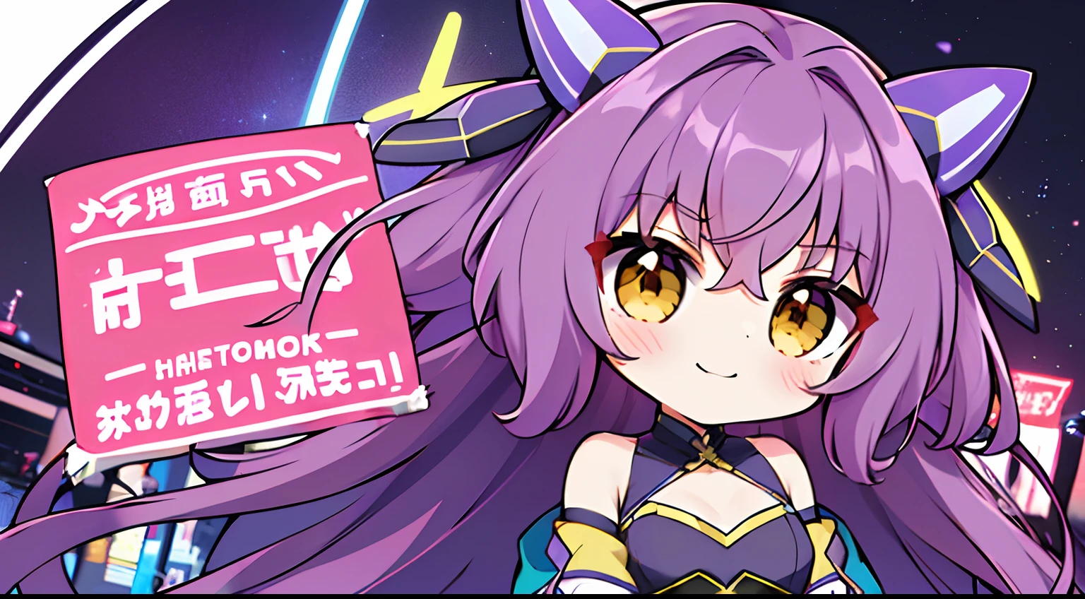 1 girl Wears a yellow dress, cyber punk、Chibi、((Best Quality, high_resolution, Distinct_image))(long purple hair, (symphogear),Wavy Hair, frown.From the face.a very happy cute、mideum breasts, cute smile, smiling, happy emotion, happy girl, holding the banner in front of the chest