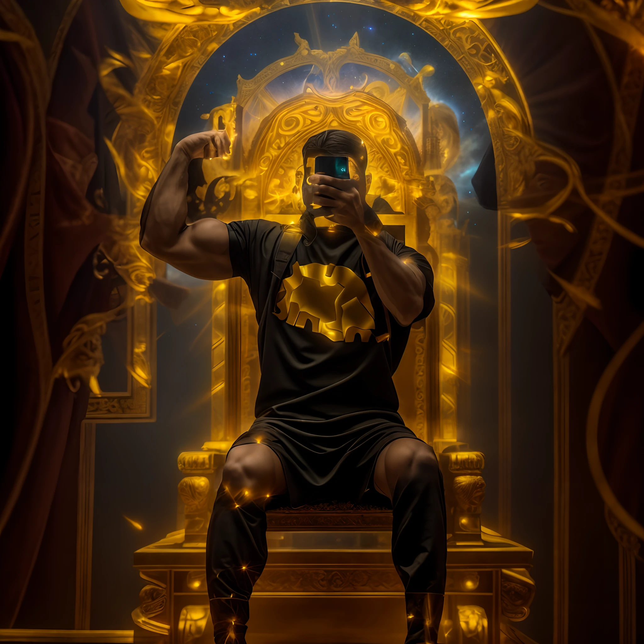 (Selfie in front of the mirror, Smartphone in hand), Super High Resolution, beste-Qualit, photo, 4k, (photorealestic: 1.2), 电影灯光, Pumped up man in the image of a mythical god, Portray a god, shrouded in a radiant aura, Sitting on a magnificent throne against a cosmic background, in black clothes, Soaring on a golden throne, Surrounded by the splendor of the universe, Stunning details, 4K resolution for an immersive and realistic visual experience. Let your work capture the essence of myth and wonder, making viewers tremble for her beauty and strength.