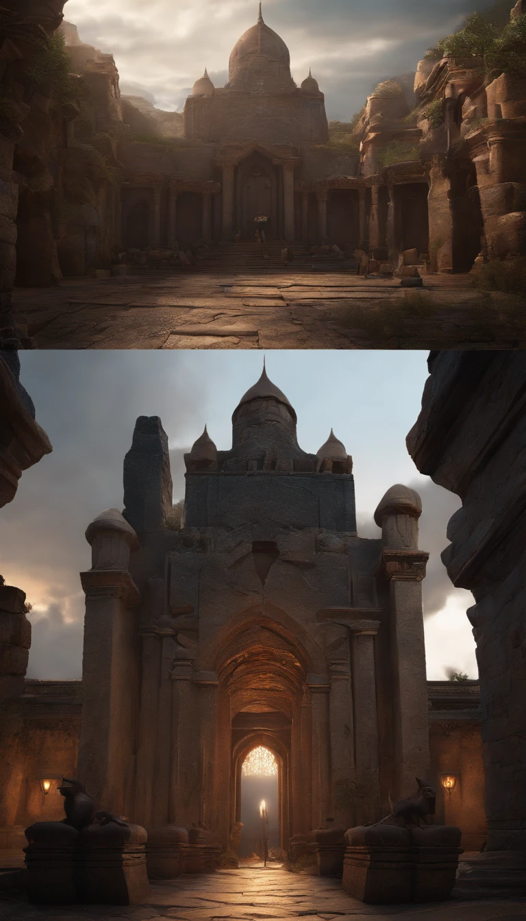 (professional 3d render:1.3) af (Realistic:1.3) The most beautiful artistic photo in the world,A terrifying ruin,Unit rendering, action shot, skin pore, very dark lighting, heavy shading, A detailed, Detal Face, (vibration, Realistic photography, Realistic, Dramatic, darkly, foco nítido, 8K), ((((Use skins)))), (复杂:1.4), decadent, (highly detailed:1.4), digitial painting, rendering by octane, art stations, concept-art, Liso, foco nítido, illustration, From the budding of art, (loish:0.23), wlop ilya kuvshinov, e Greg Rutkowski e Alphonse Mucha Gracias, (global ilumination, studiolight, Amount of light), lotr, fanciful, biz, Inteiroesbian body, ((Dark and ancient city background:1.3)),CGSesocieda,art stations