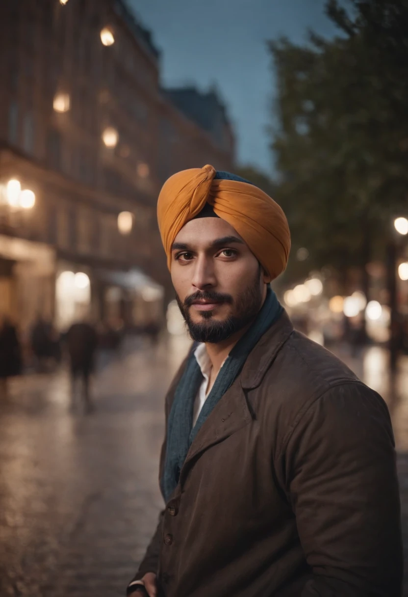 A man wearing a turban stands in the city, style is moody and tranquil scene, social media portrait, detailed portrait, (upper body)