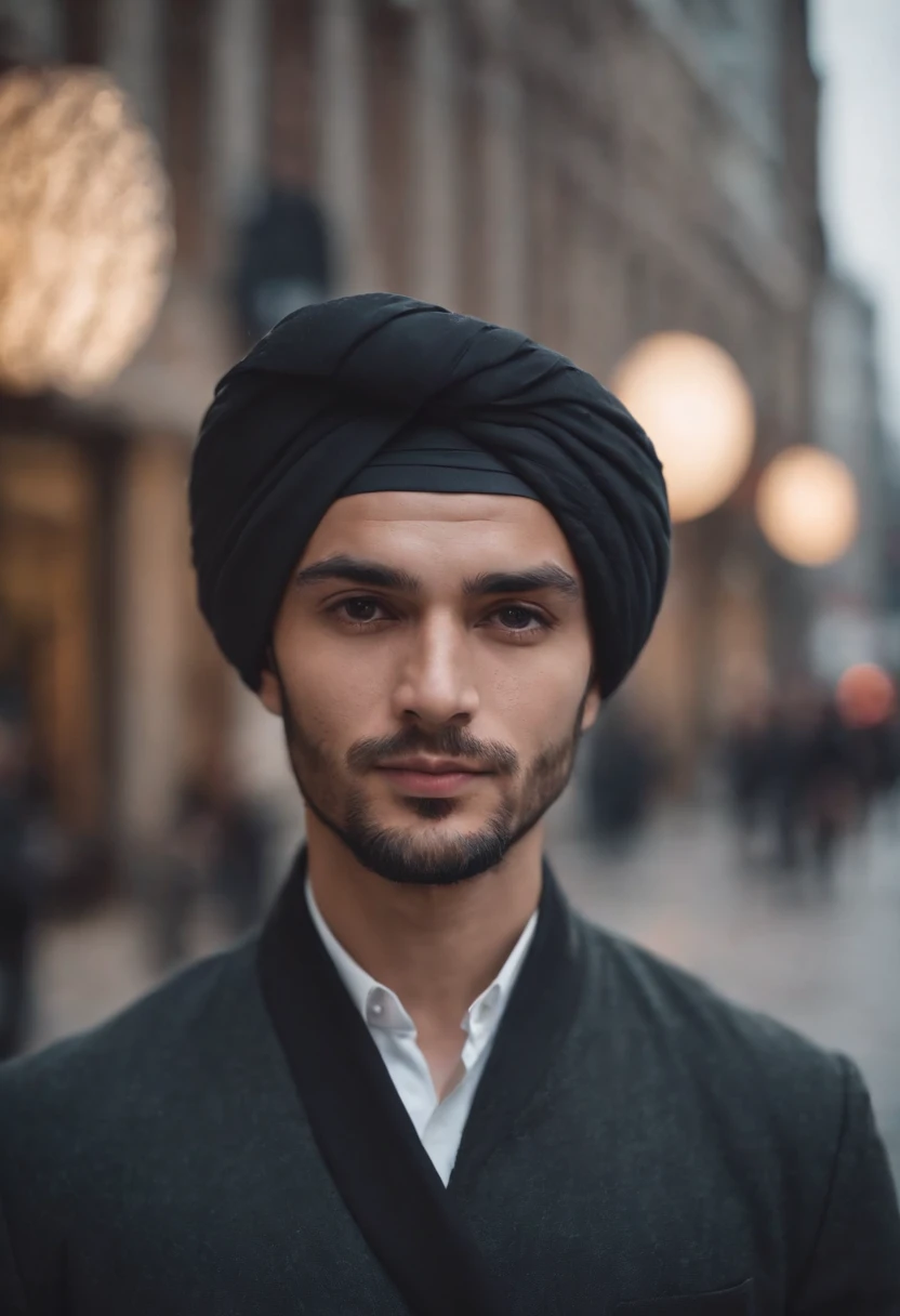 A man wearing a turban stands in the city, style is moody and tranquil scene, social media portrait, detailed portrait, (upper body)