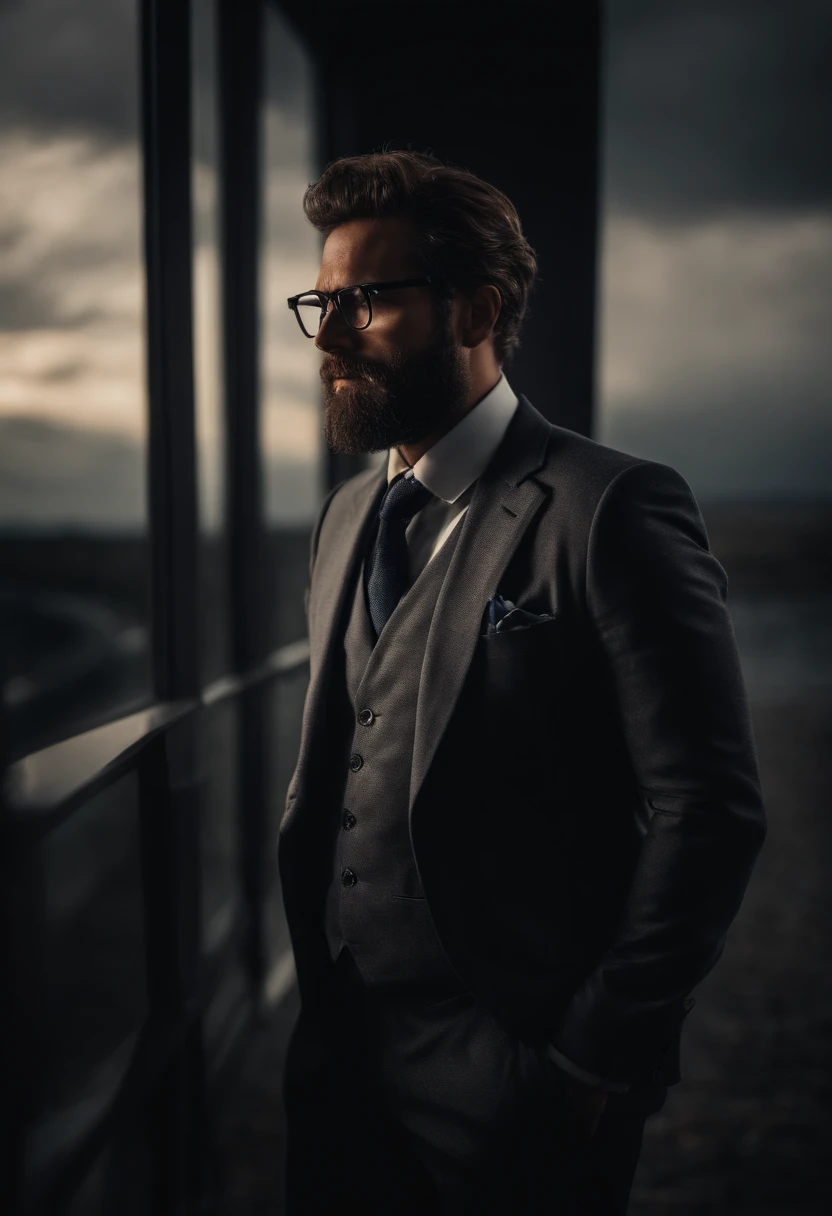 rich man, with glasses and suit, bearded, with intriguing features, full body. 8k, uhd, harsh low light, high quality, sharp focus, fujifilm xt, (cinematic: 1.4), slate gray atmosphere, hyperdetailed, soft tones, insane detail, low contrast, stormy sky, epic sky, volumetric lighting, elegant diffused lighting