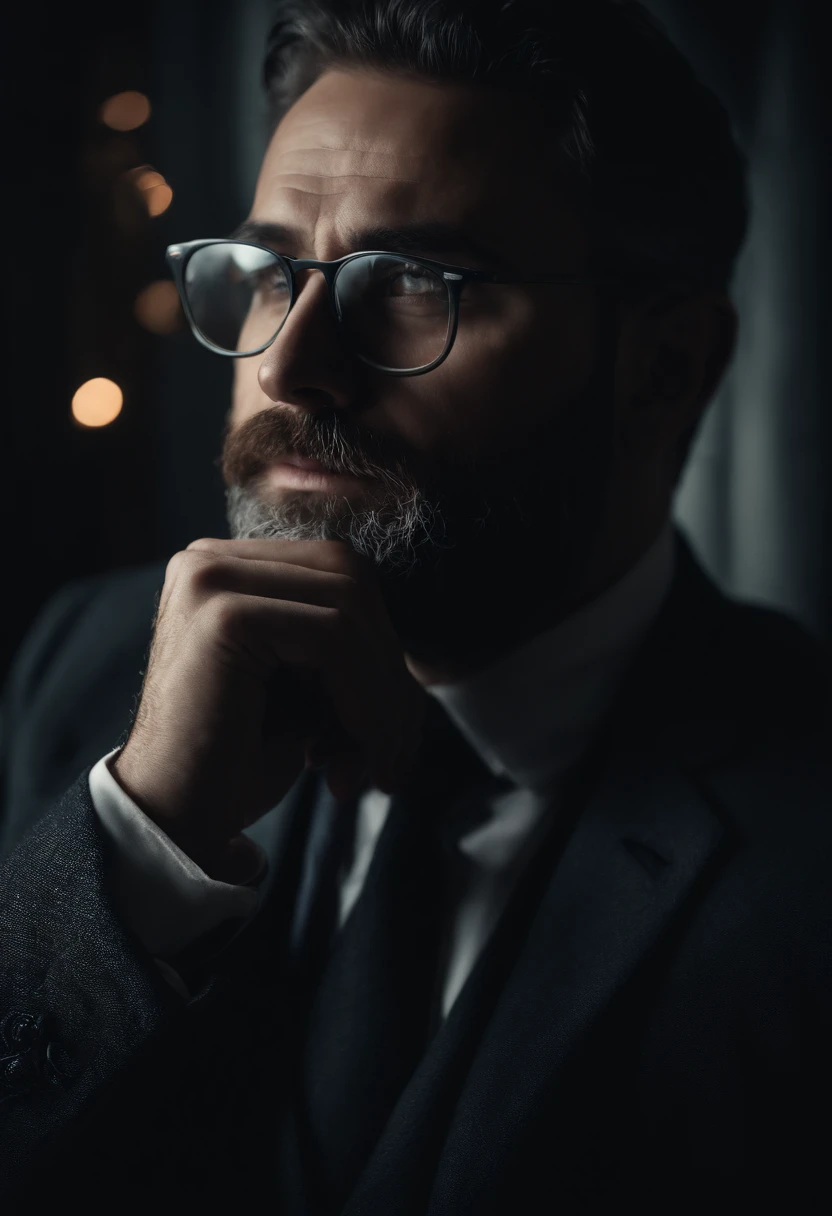 rich man, with glasses and suit, bearded, with intriguing features, full body. 8k, uhd, harsh low light, high quality, sharp focus, fujifilm xt, (cinematic: 1.4), slate gray atmosphere, hyperdetailed, soft tones, insane detail, low contrast, stormy sky, epic sky, volumetric lighting, elegant diffused lighting