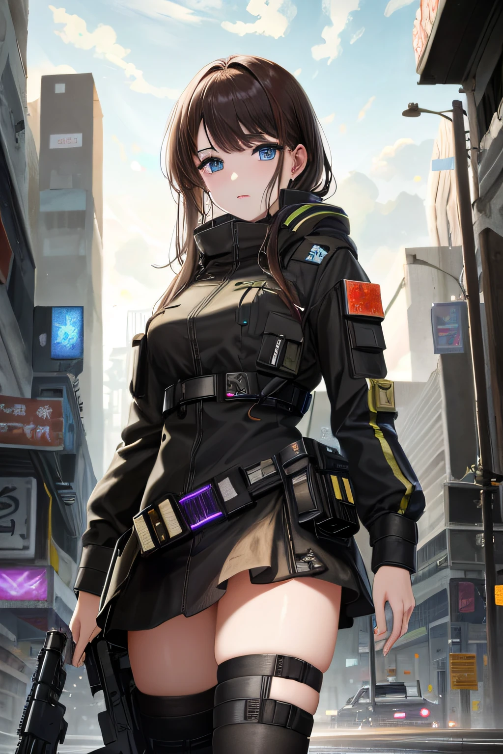hyper realistic, masterpiece, very detailed, sci-fi, dystopian, (beautiful eyes ), (bangs), brunette, Woman, detailed face, detailed skin, baggy clothes, thigh high socks, skirt, cyberpunk, soft light, subsurface scattering,((skyline)), cumulonimbus clouds, busy street, polluted, dust,
