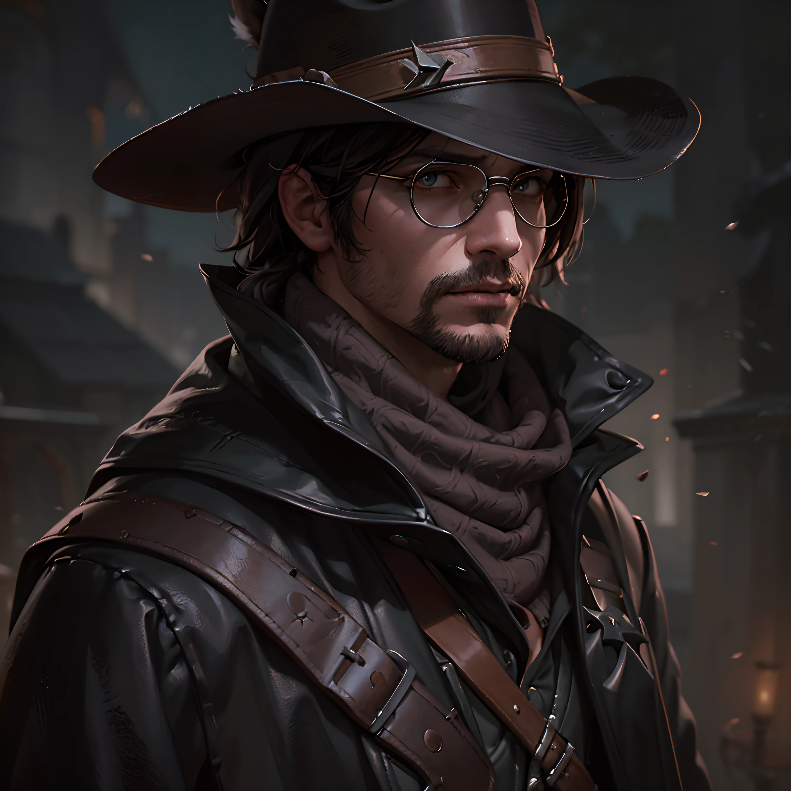 Using as a reference the main trends of Artstation and DeviantArt in digital ART, fantasia, retrato. Use as a reference John Marston from Red Dead Redemption 2.

A rogue young boy with a medieval vampire appearance wearing a black cowboy hat, round-lensed glasses and silver frame and black robes in an armored overcoat of darkened leather with brown tones.