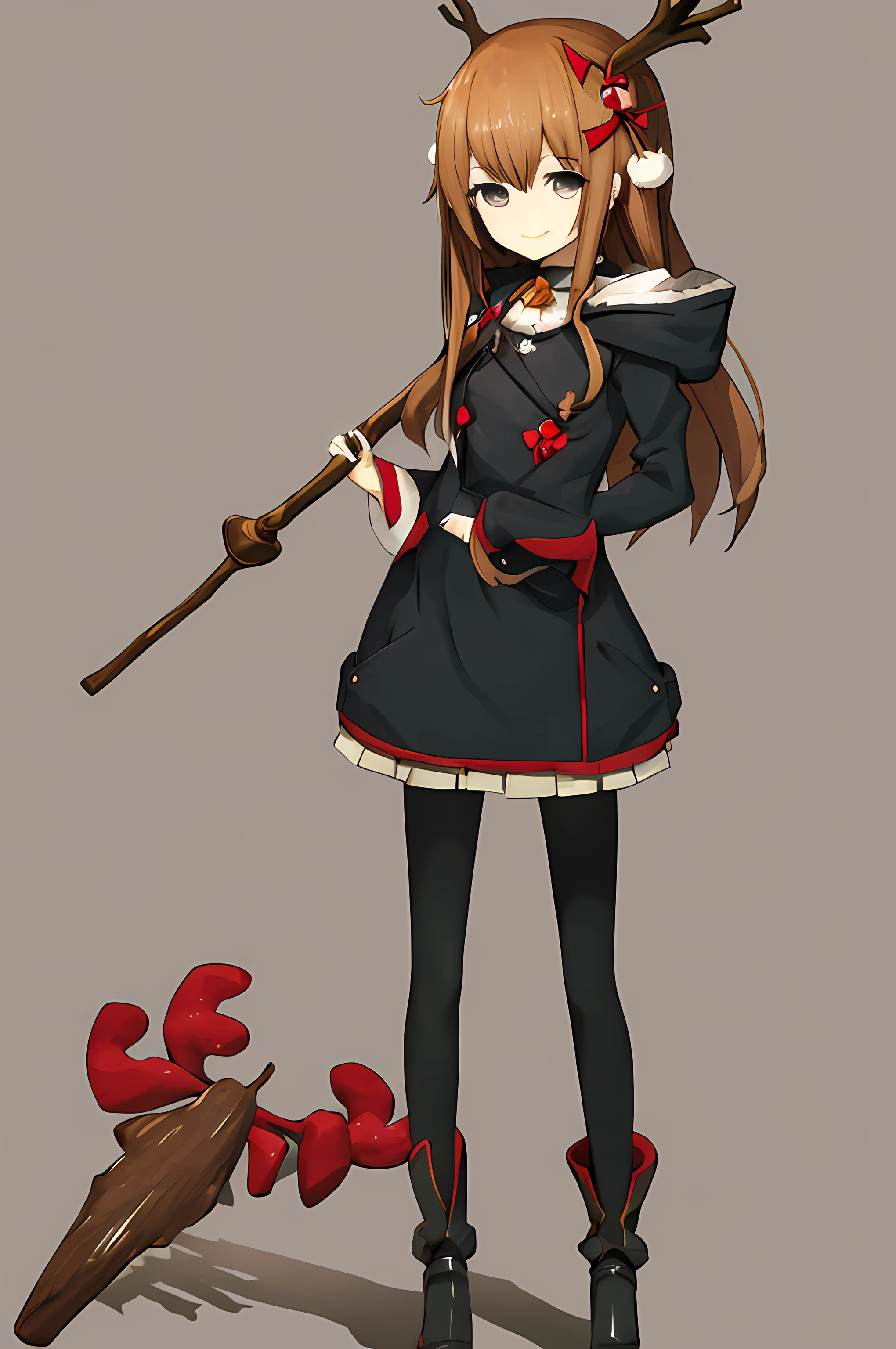 1 petite anime girl holding a staff, tiny build, hazelnut eyes, chestnut hair, long hair, two tiny antlers on the head, cheeky smile, standing straight, looking at viewers.