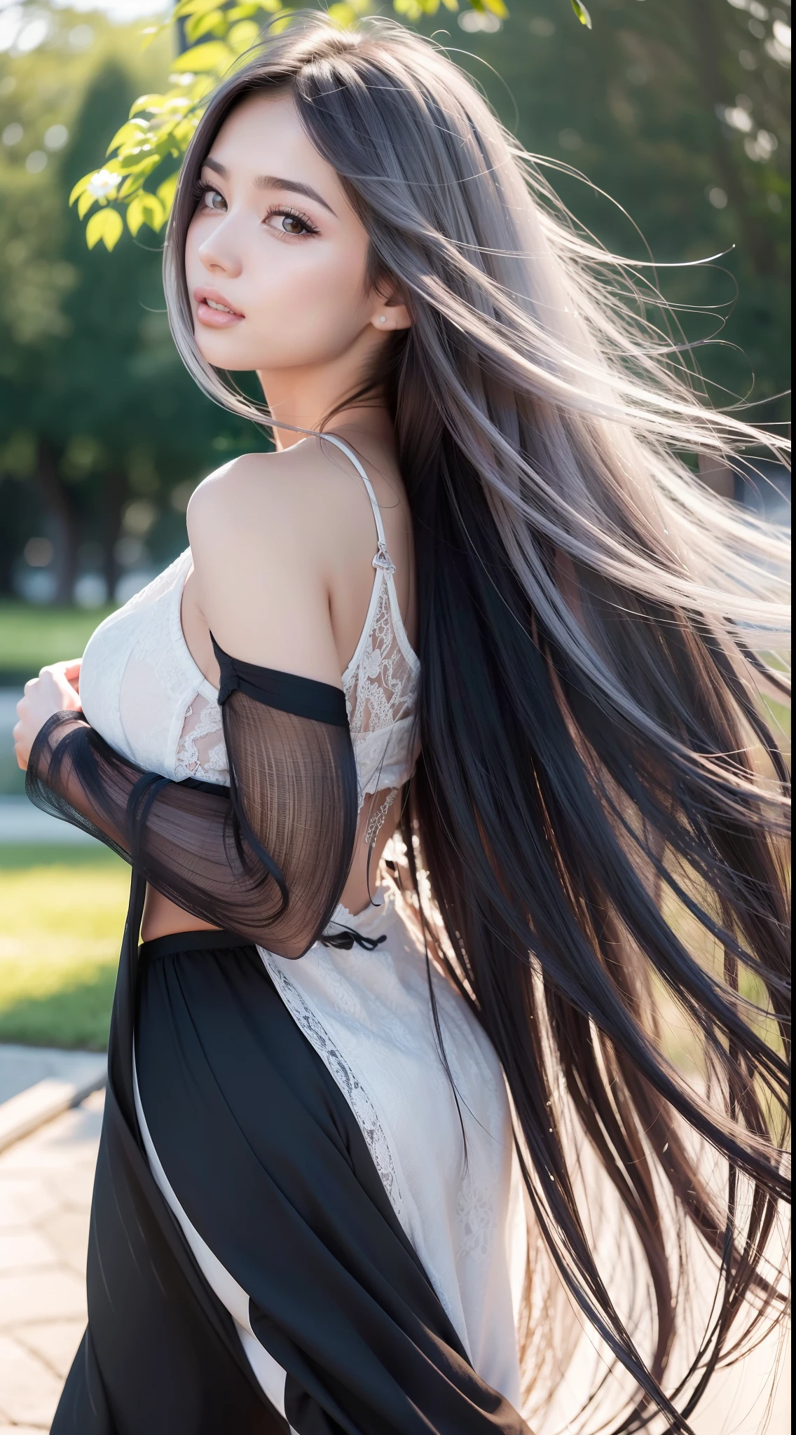 Best quality, A high resolution, Ultra-detailed, Realistic, Beautiful silver to black gradient wavy long hair blowing on woman's face in a soft breeze, Long flowing hair was lifted, Vibrant flowers in the background of the park, Close-up shot，Lightweight，High kicking stance