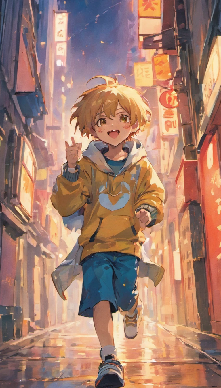 there is a cartoon picture of a boy laughing in the street, expressing joy. by krenz cushart, ross tran style, artwork in the style of guweiz, ross tran!!!, adorable digital painting, guweiz, inspired by Ross Tran, by Yanjun Cheng, [[[[grinning evily]]]]